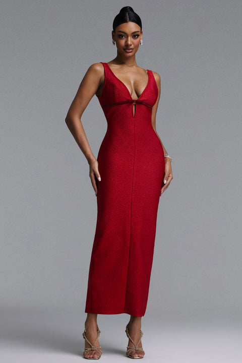 Molao Elegant Contour Sleeveless Deep V Bow Embellished Midi Bandage Dress by Bella Barnett