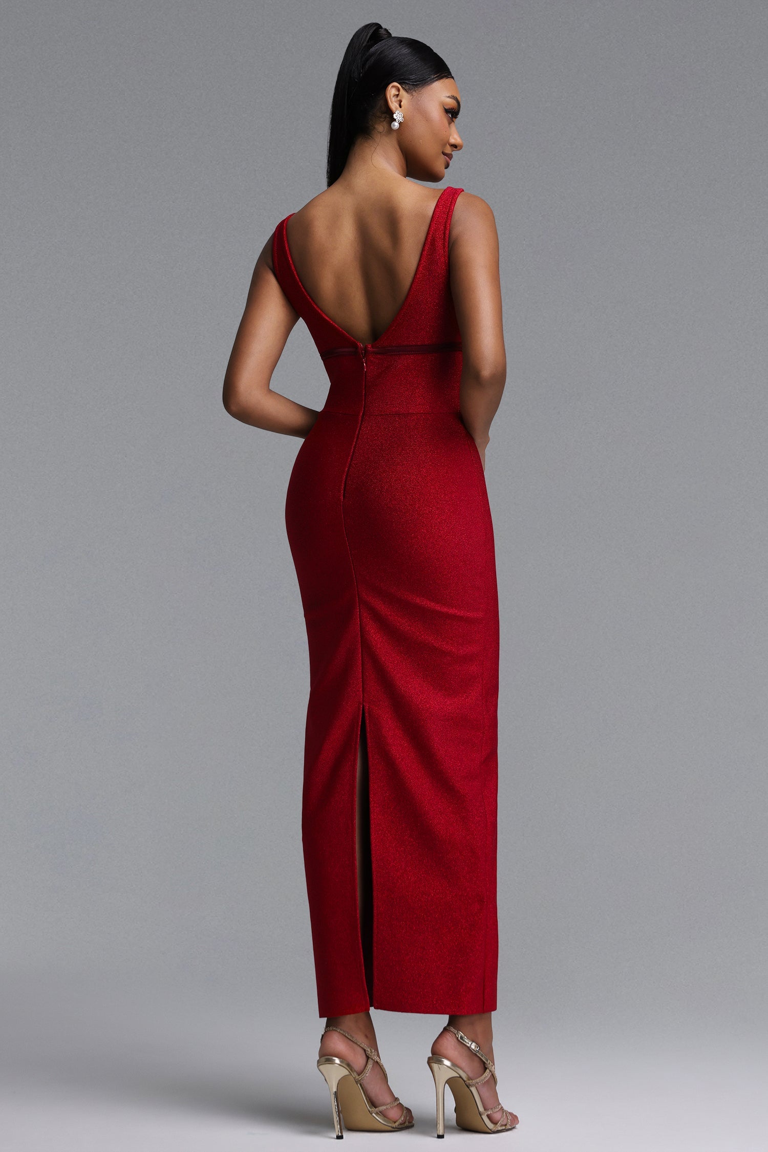 Molao Elegant Contour Sleeveless Deep V Bow Embellished Midi Bandage Dress D260601101