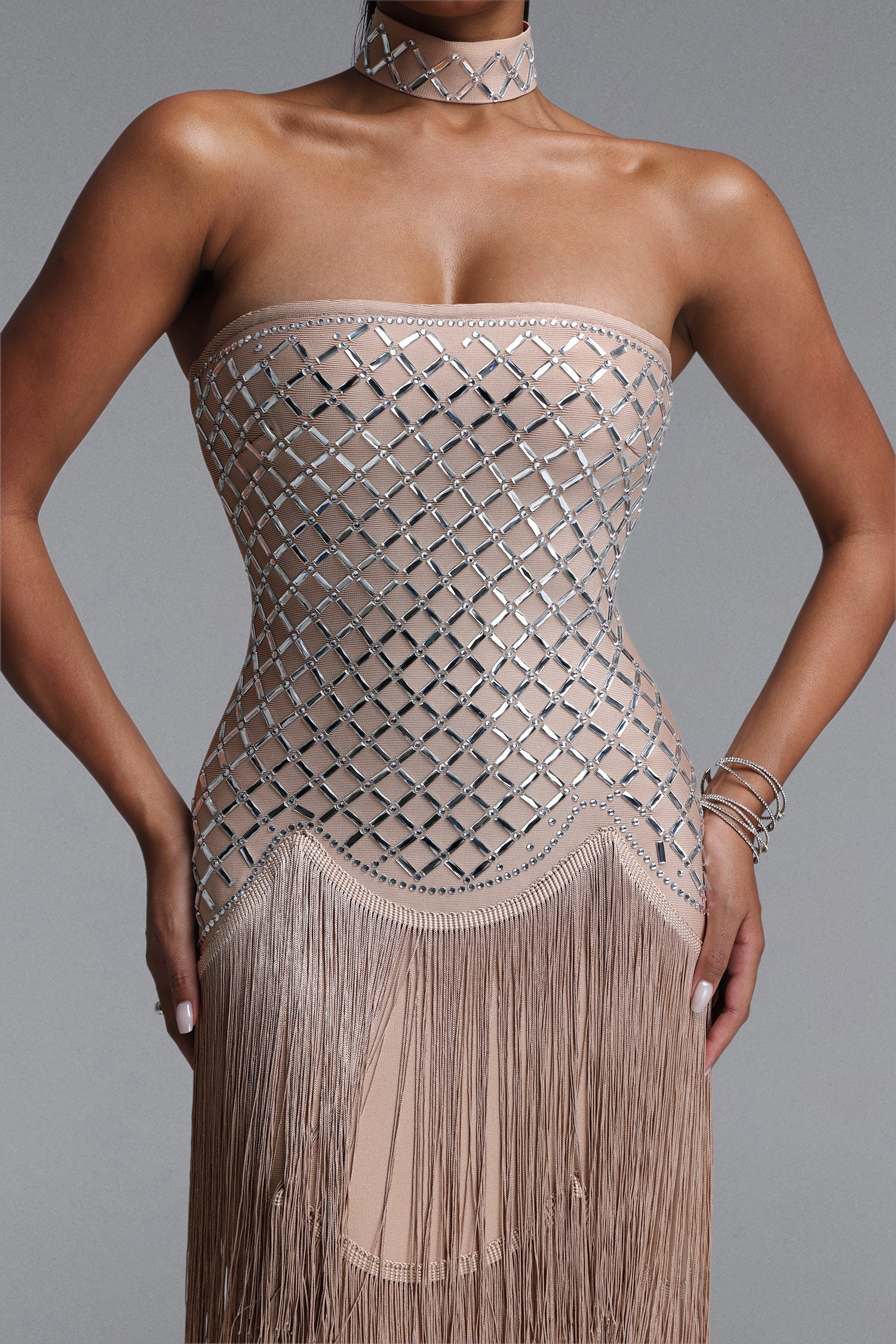 Nikki Elegant Contour Strapless Rhinestone Fringe Midi Dress D260601113