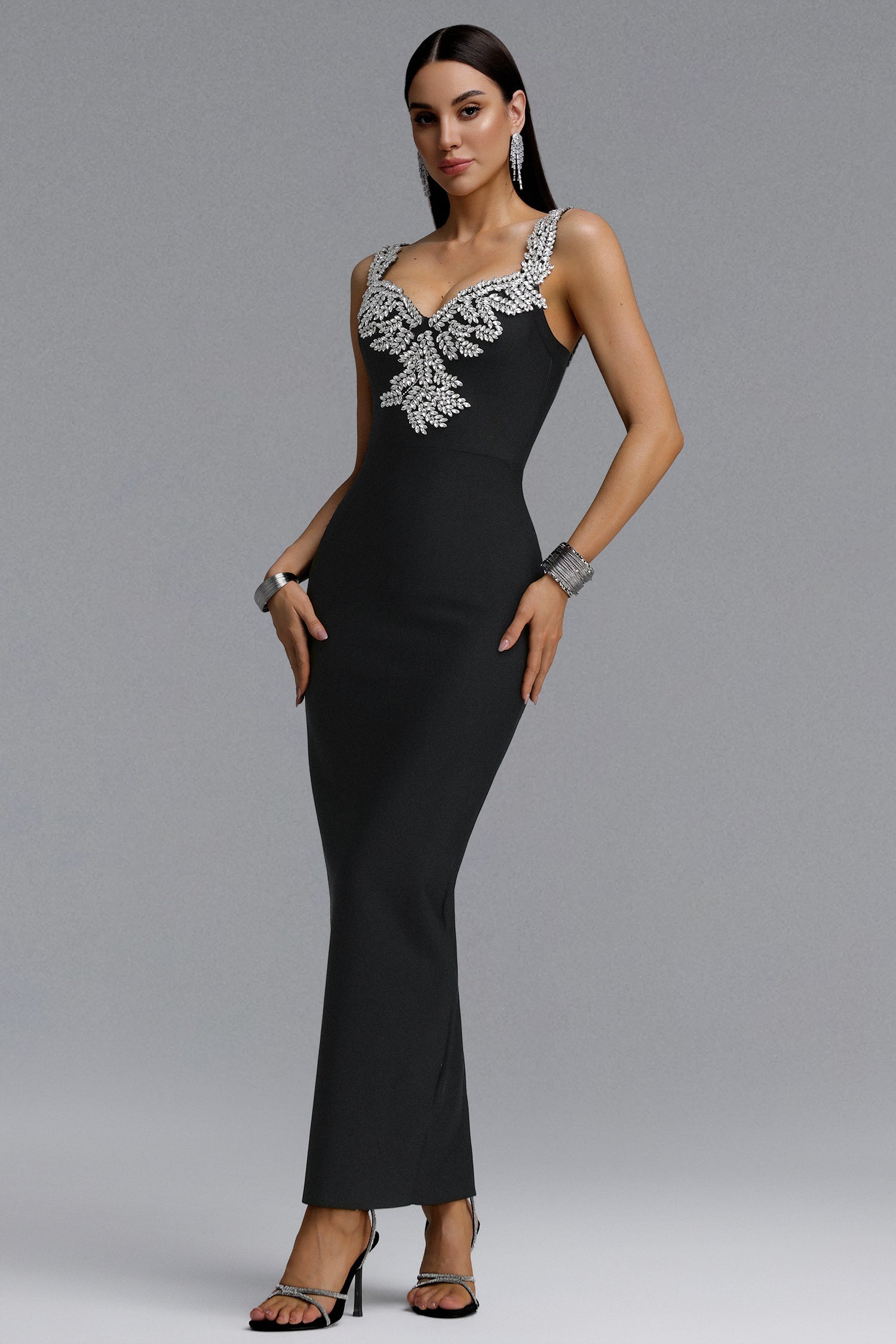 Lila Elegant Contour Spaghetti Strap V Neck Large Leaf Rhinestone Bandage Midi Dress D260601327