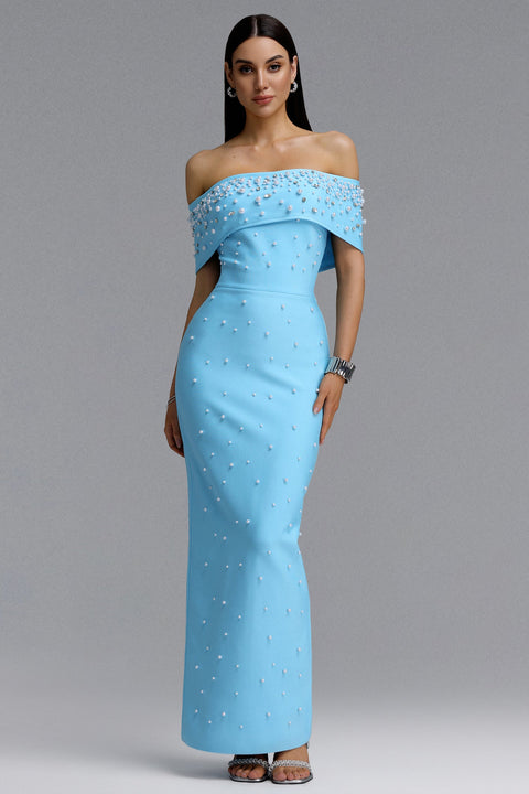 Isme Elegant Contour Off Shoulder Pearl Rhinestone Bandage Blue Maxi Dress by Bella Barnett