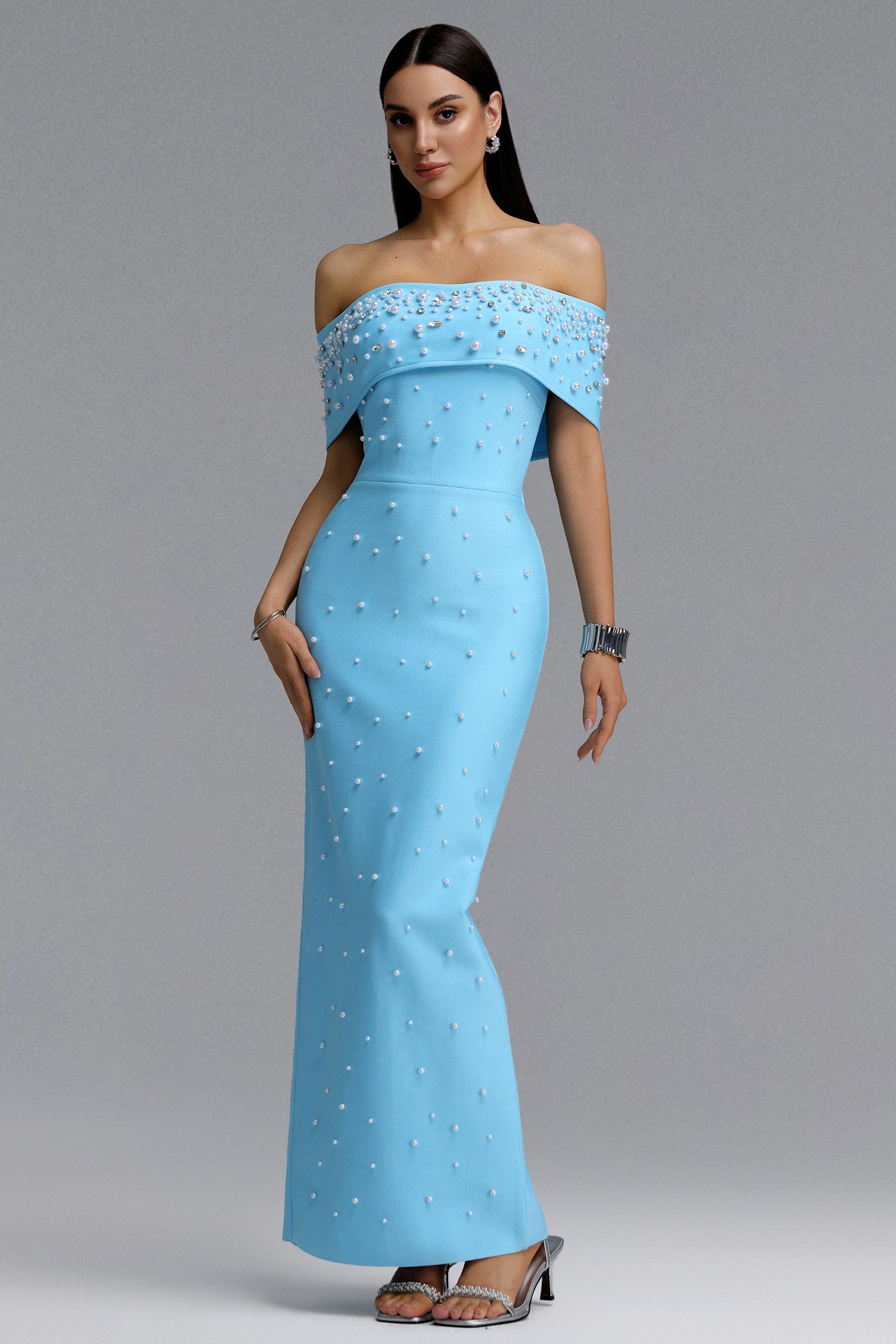 Isme Elegant Contour Off Shoulder Pearl Rhinestone Bandage Blue Maxi Dress D260301428