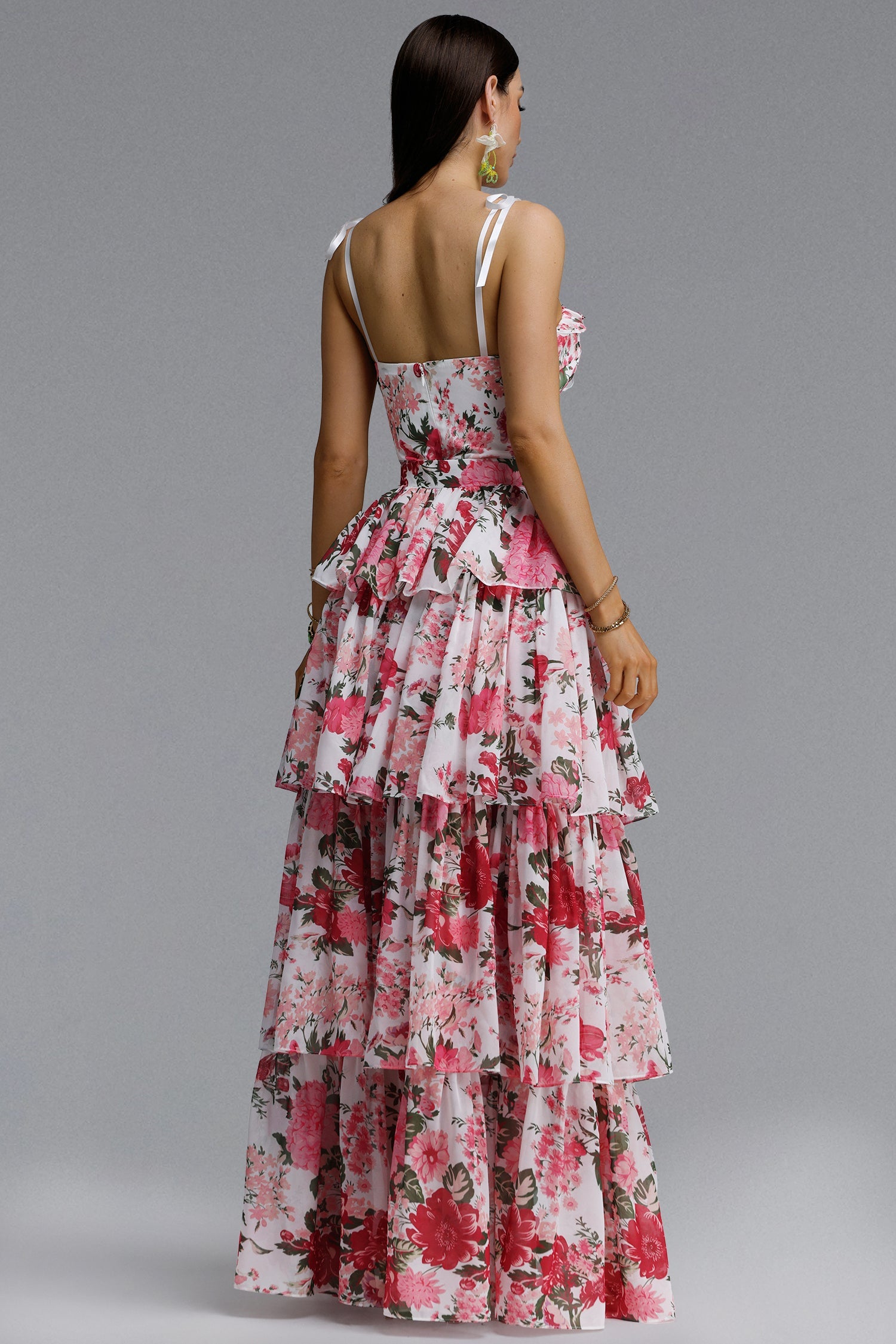 Pale Chic Flowy Halter Cut Out Floral Print Ruffle Pink Maxi Dress D260301228