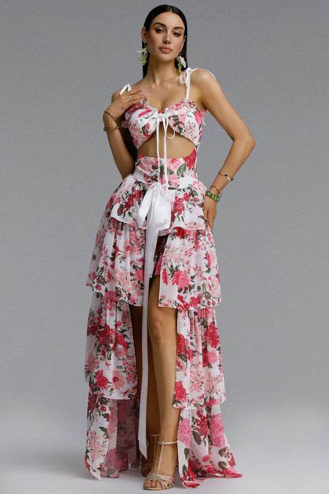 Pale Chic Flowy Halter Cut Out Floral Print Ruffle Pink Maxi Dress by Bella Barnett