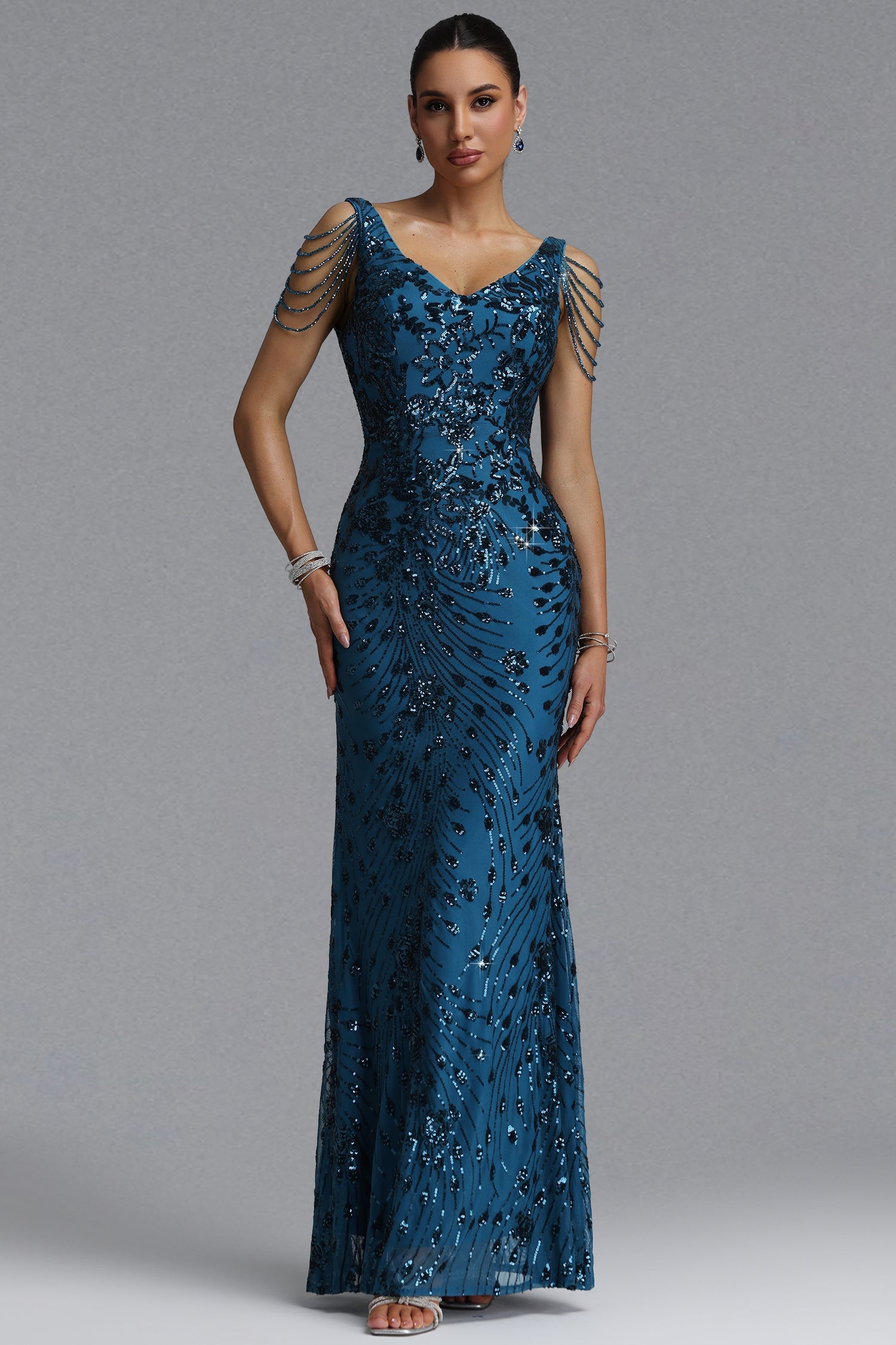 Gerianna Elegant Waist-Cinching Deep V Pearl Chain Tassel Floral Sequin Mesh Mermaid Maxi Evening Dress D260601435