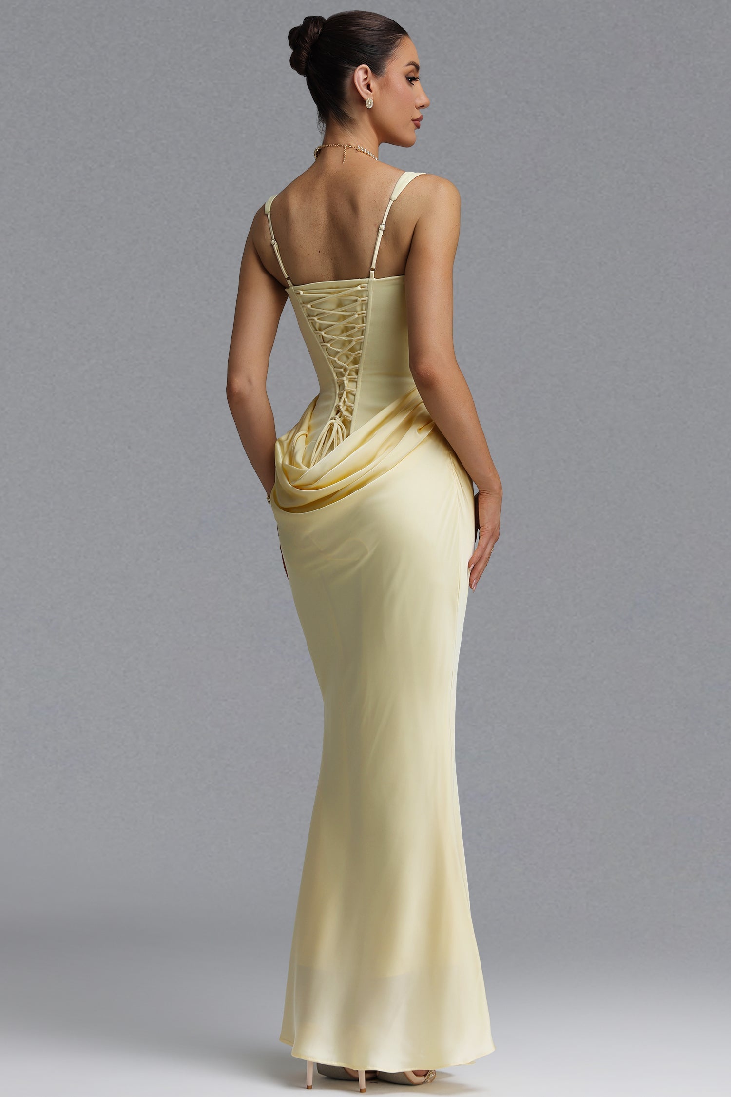Winey Elegant Waist-Cinching Square Neck Thin Strap Boned Fitted Draped Ruched Satin Mermaid Maxi Evening Dress D260601431