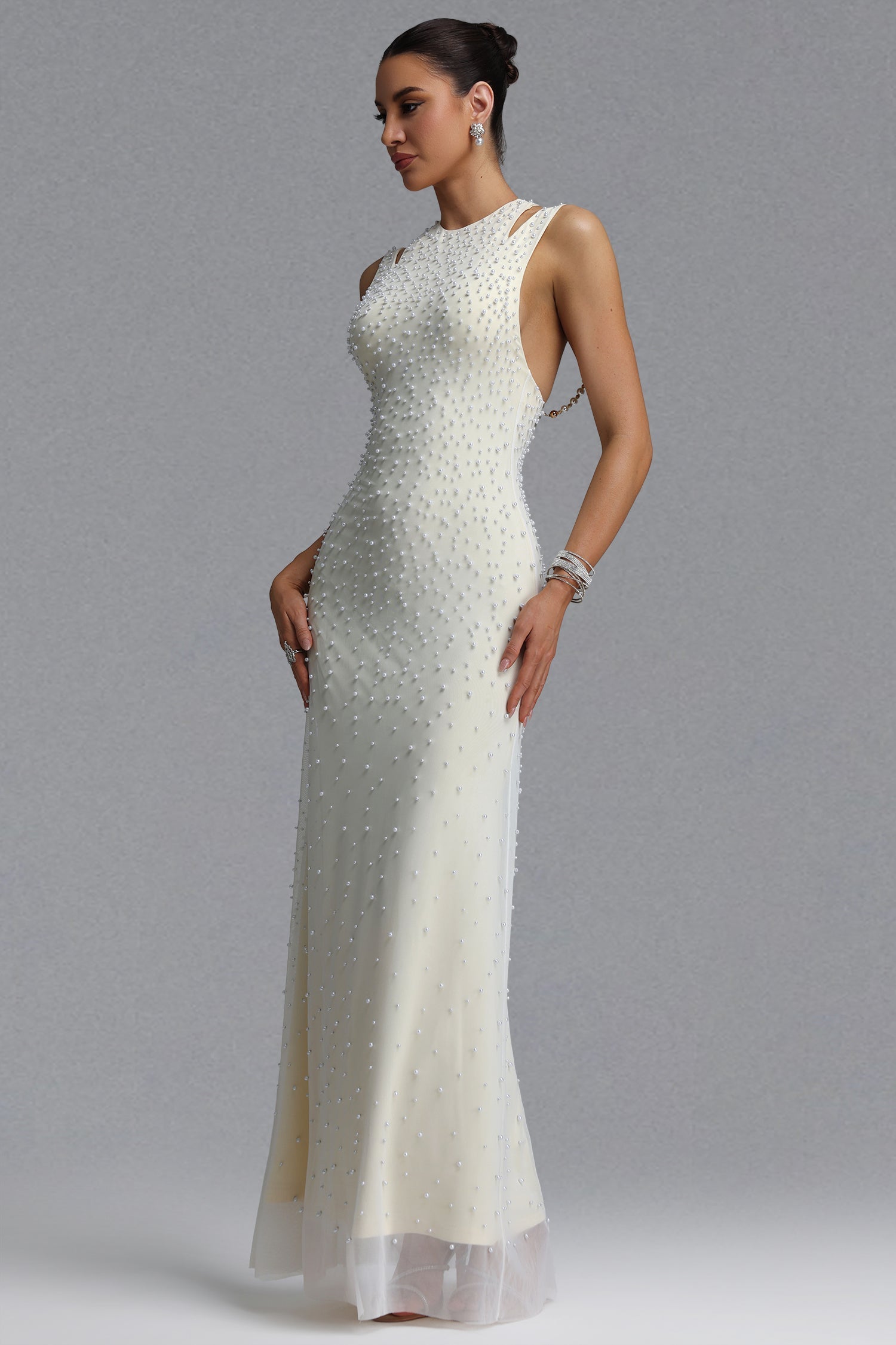 Dilara Elegant Slim Sleeveless Cutout Shoulder All Over Pearl Mesh Mermaid Maxi Evening Dress D260601404
