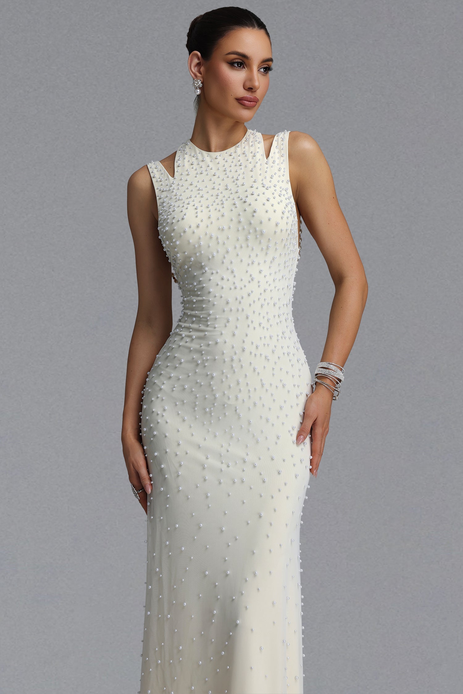 Dilara Elegant Slim Sleeveless Cutout Shoulder All Over Pearl Mesh Mermaid Maxi Evening Dress D260601404
