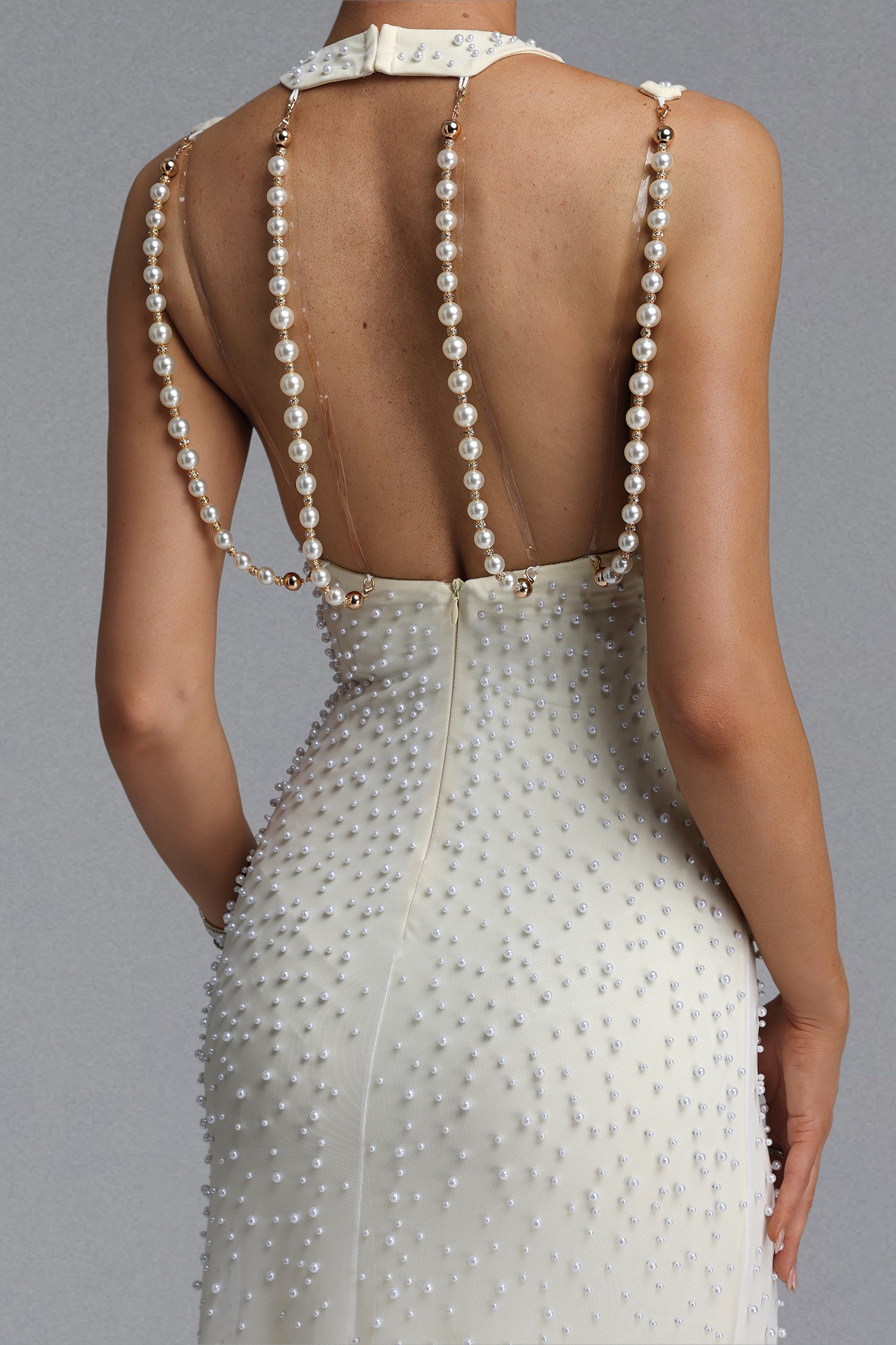 Dilara Elegant Slim Sleeveless Cutout Shoulder All Over Pearl Mesh Mermaid Maxi Evening Dress D260601404