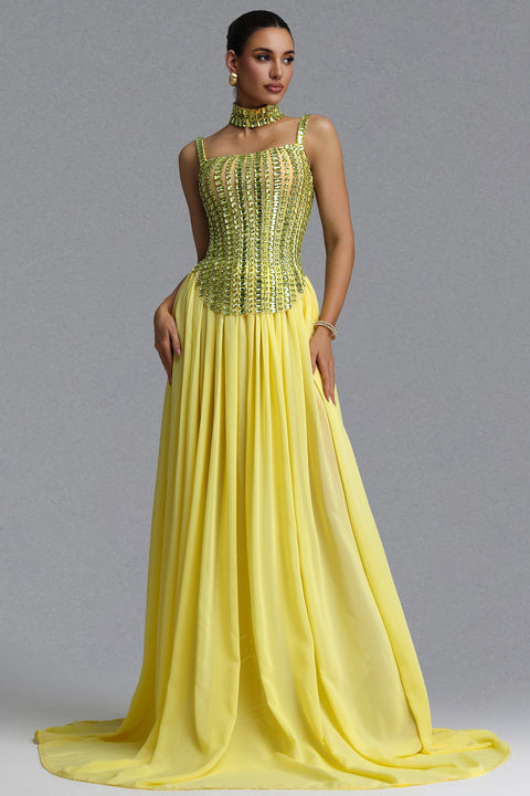 Sareza Elegant Waist-Cinching Square Neck Thin Strap Choker Rhinestone Fitted Flowy Chiffon Train Maxi Evening Dress by Bella Barnett