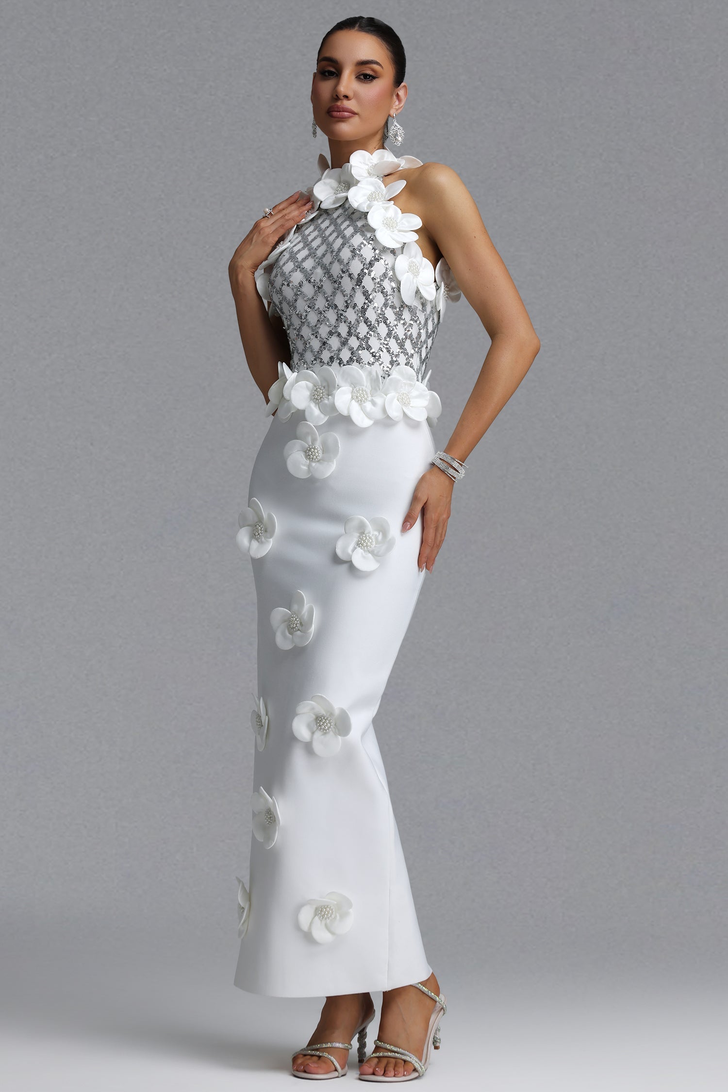 Jacqueline Gorgeous Slim Pearl Floral Bandage Beige White Maxi Evening Dress D260601448