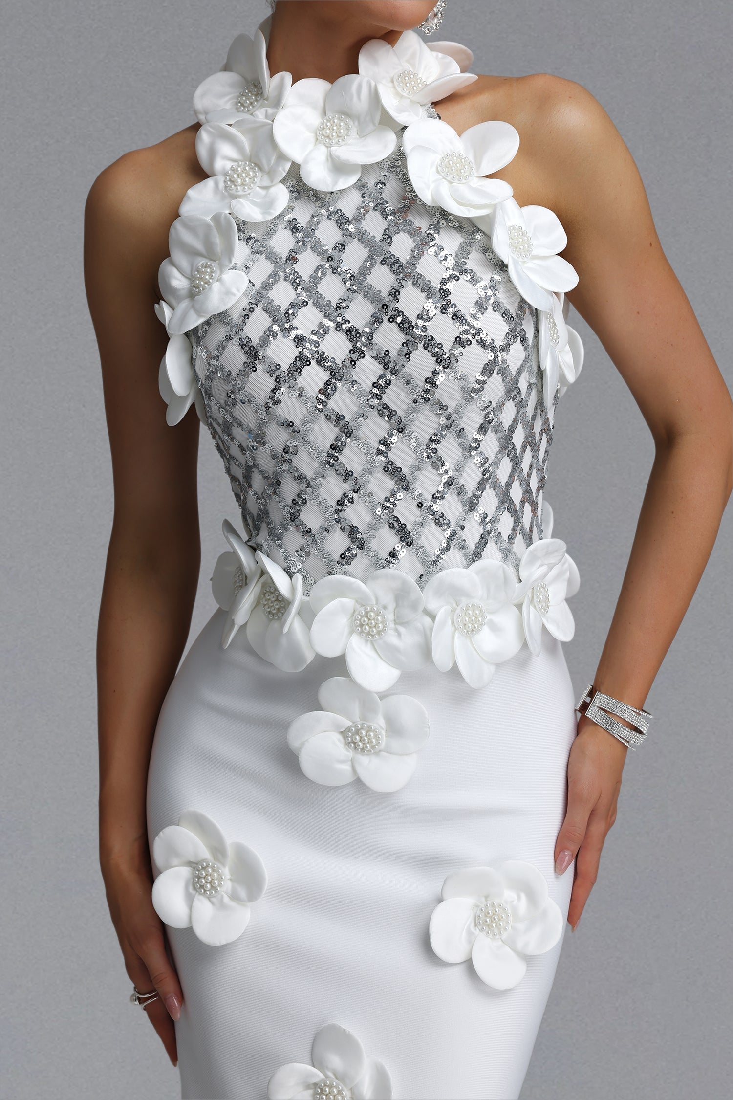 Jacqueline Gorgeous Slim Pearl Floral Bandage Beige White Maxi Evening Dress D260601448