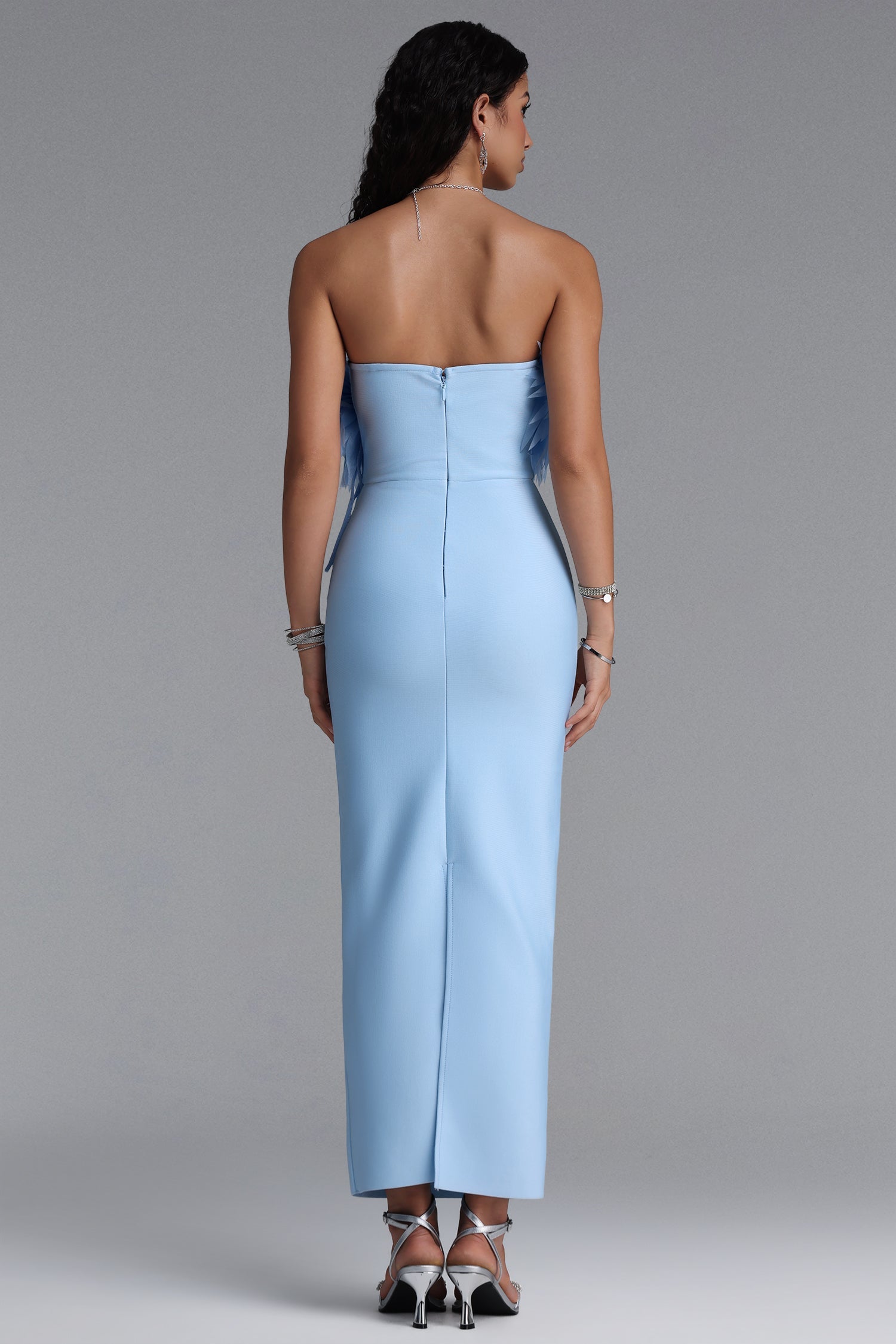 Wenie Gentle Feather Off Shoulder Tassel Bandage Maxi Dress D260601548