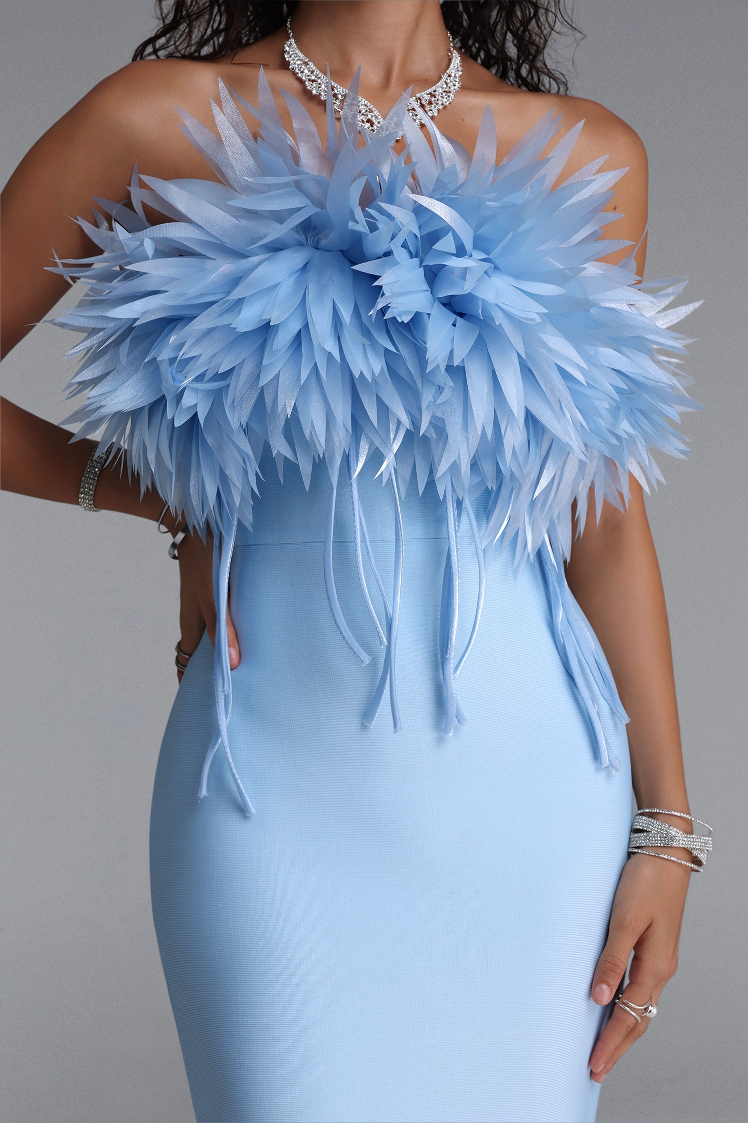 Wenie Gentle Feather Off Shoulder Tassel Bandage Maxi Dress D260601548