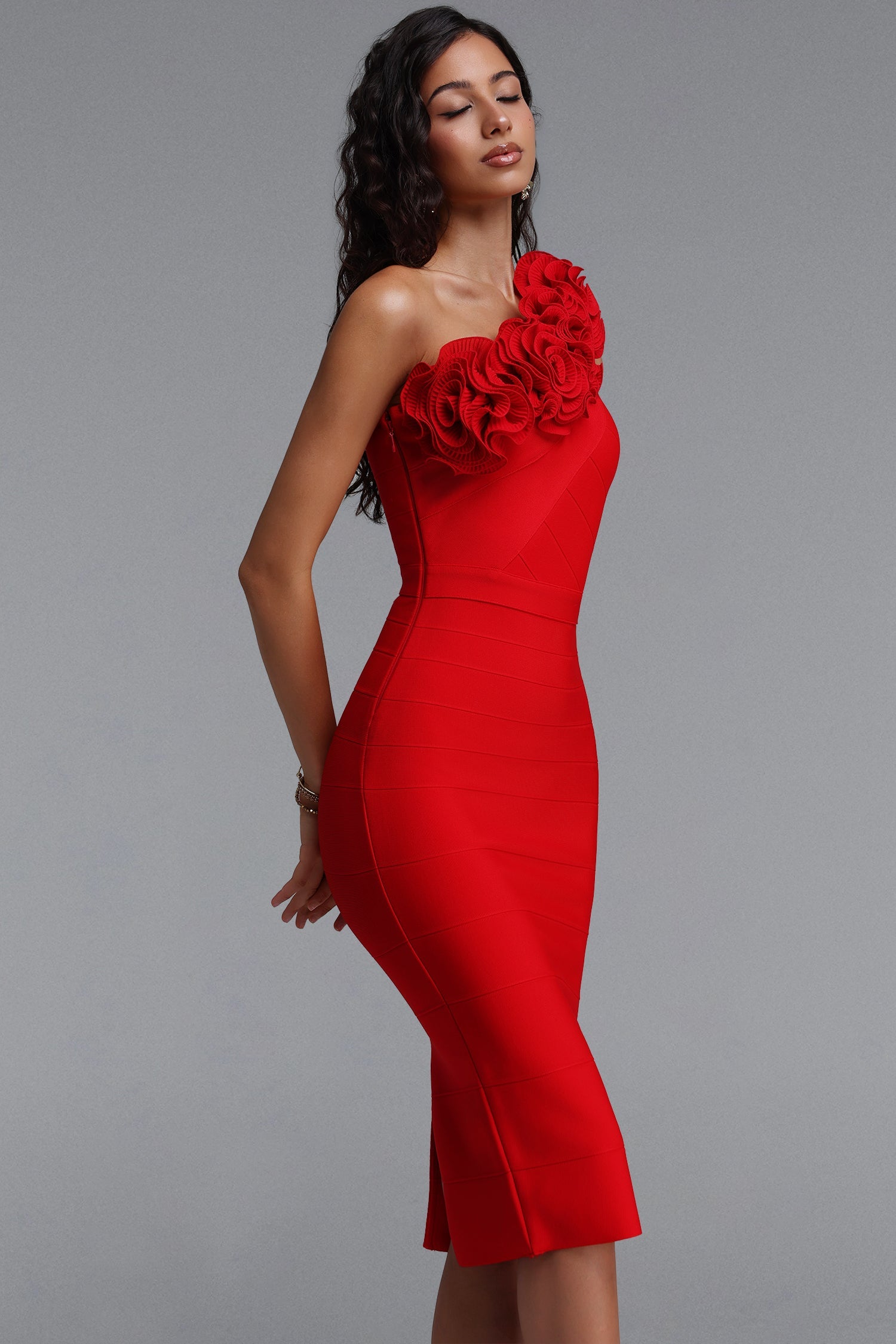 Uiala Elegant Slim Fit Floral One Shoulder Bandage Maxi Dress D260701231