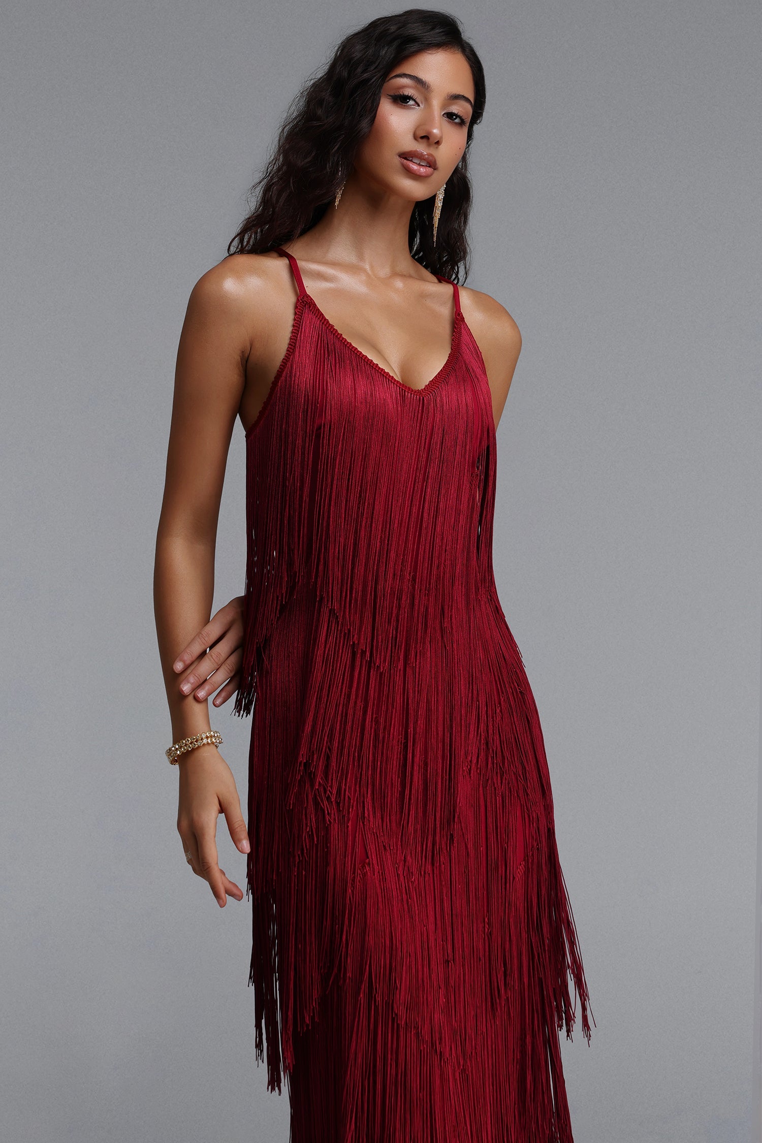 Alex Classic Contour V Neck Layered Fringe Bandage Red Maxi Dress D260501348