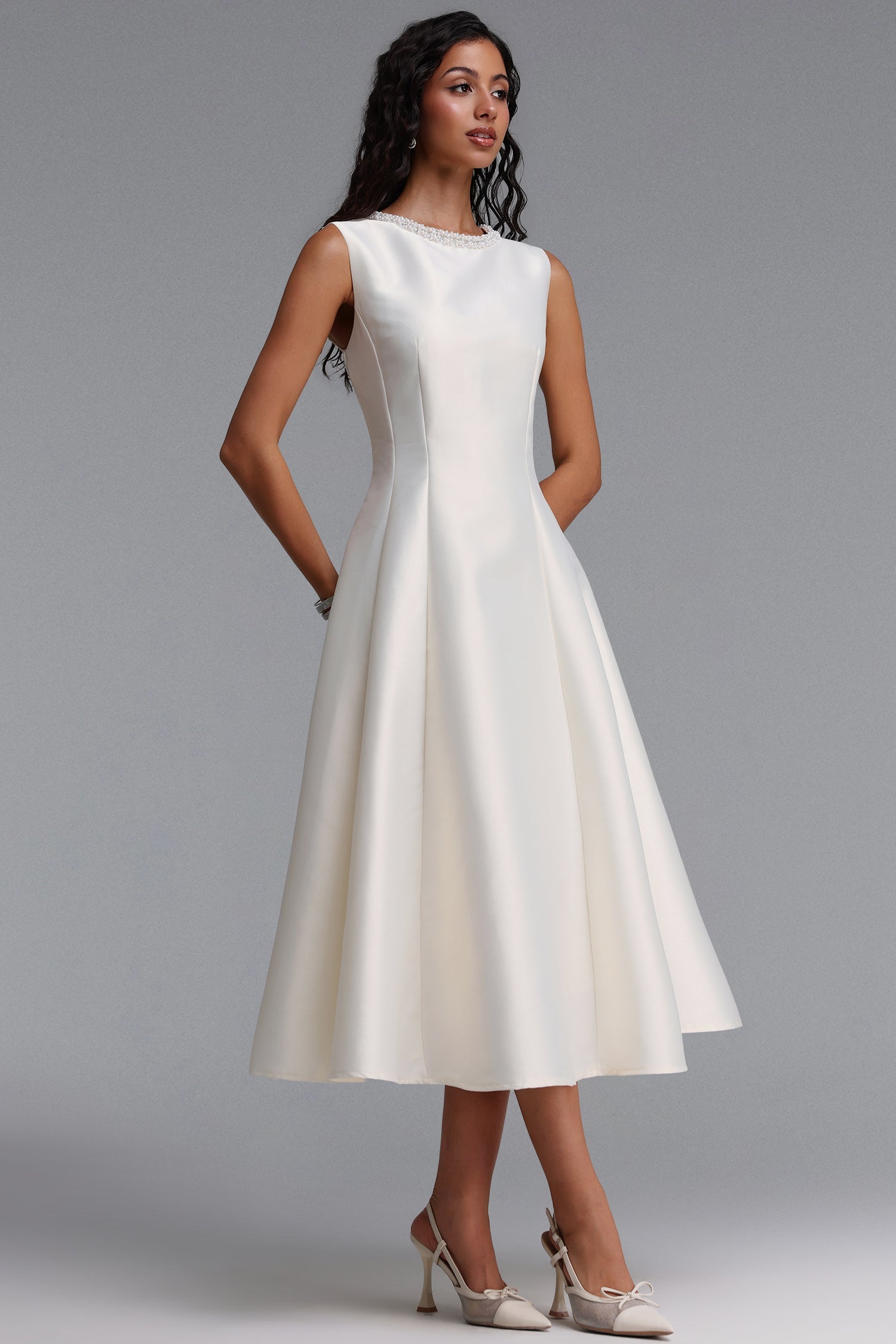 Velma Minimalist Cinched-Waist Sleeveless Pearl Rhinestone A-Line Maxi Dress D260701214