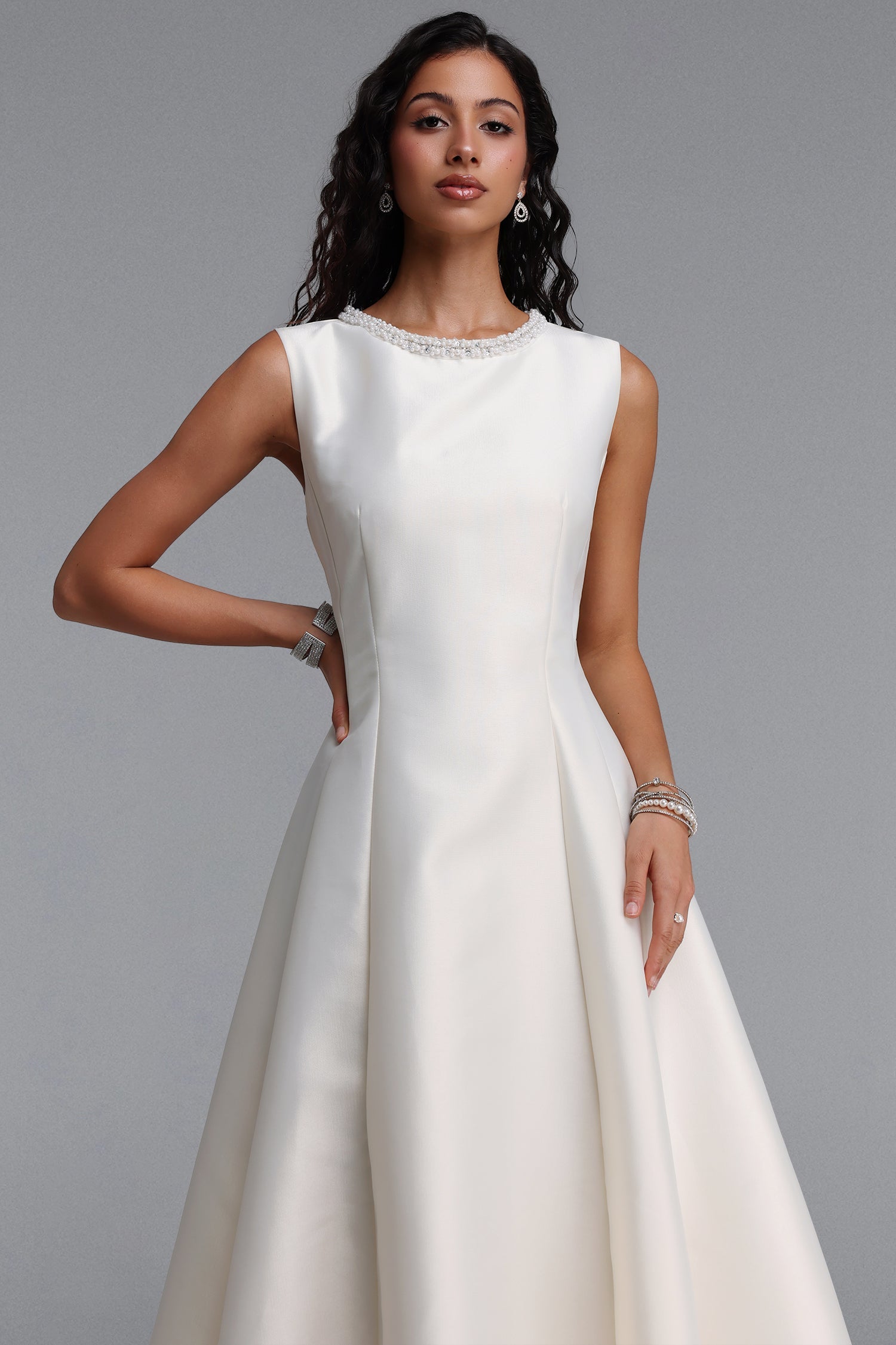 Velma Minimalist Cinched-Waist Sleeveless Pearl Rhinestone A-Line Maxi Dress D260701214