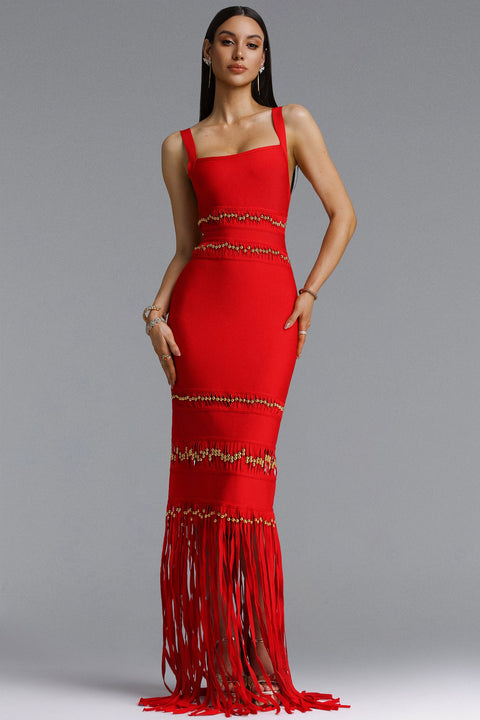 Shanley Chic Contour Sleeveless Beaded Fringe Red Bandage Maxi Dress by Bella Barnett