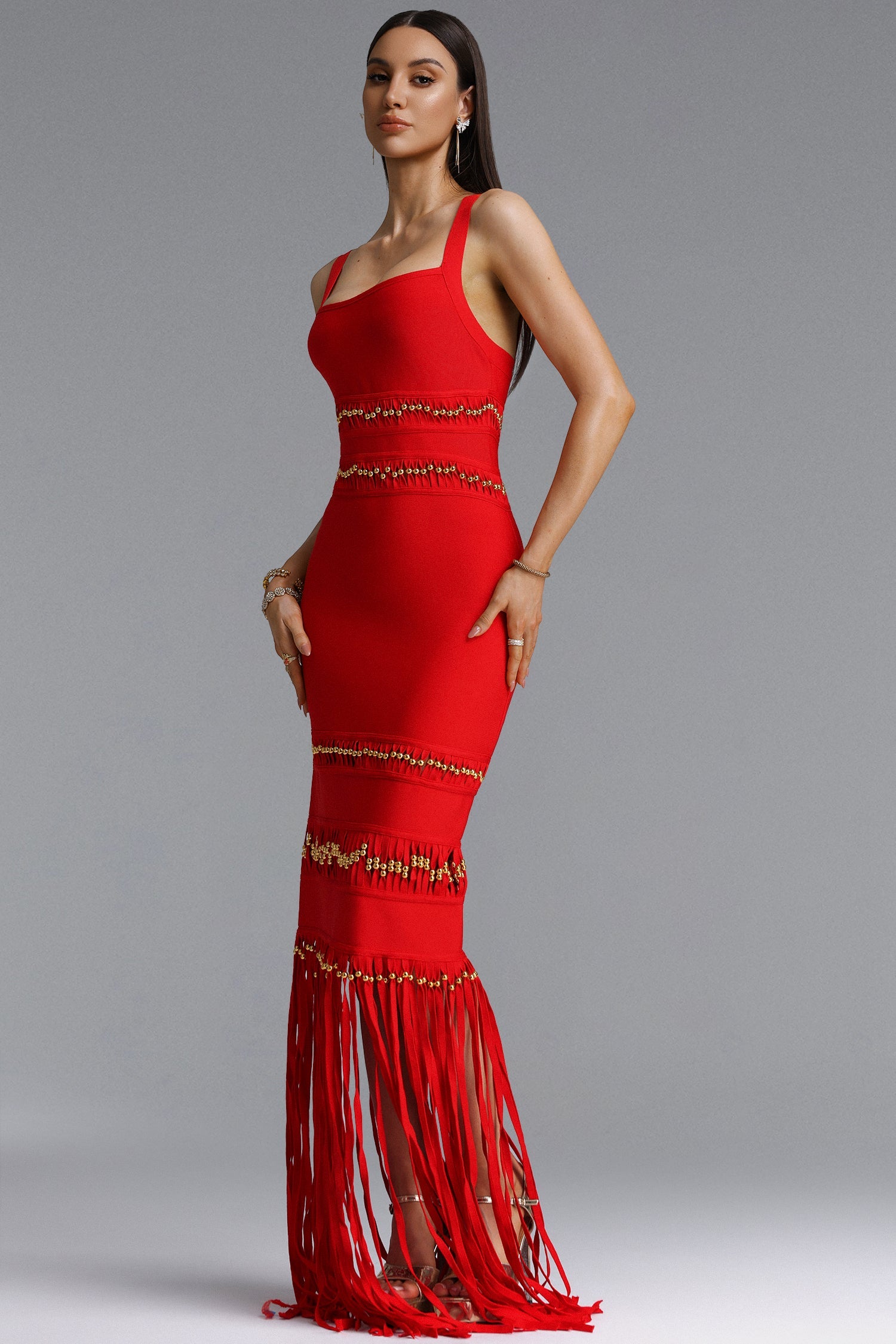 Shanley Chic Contour Sleeveless Beaded Fringe Red Bandage Maxi Dress D260301217