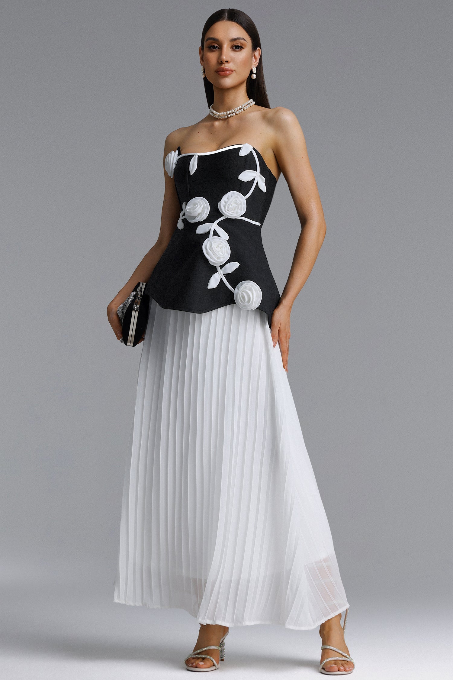 Niavia Elegant Strapless Floral Pleated Bandage Maxi Dress D260701330