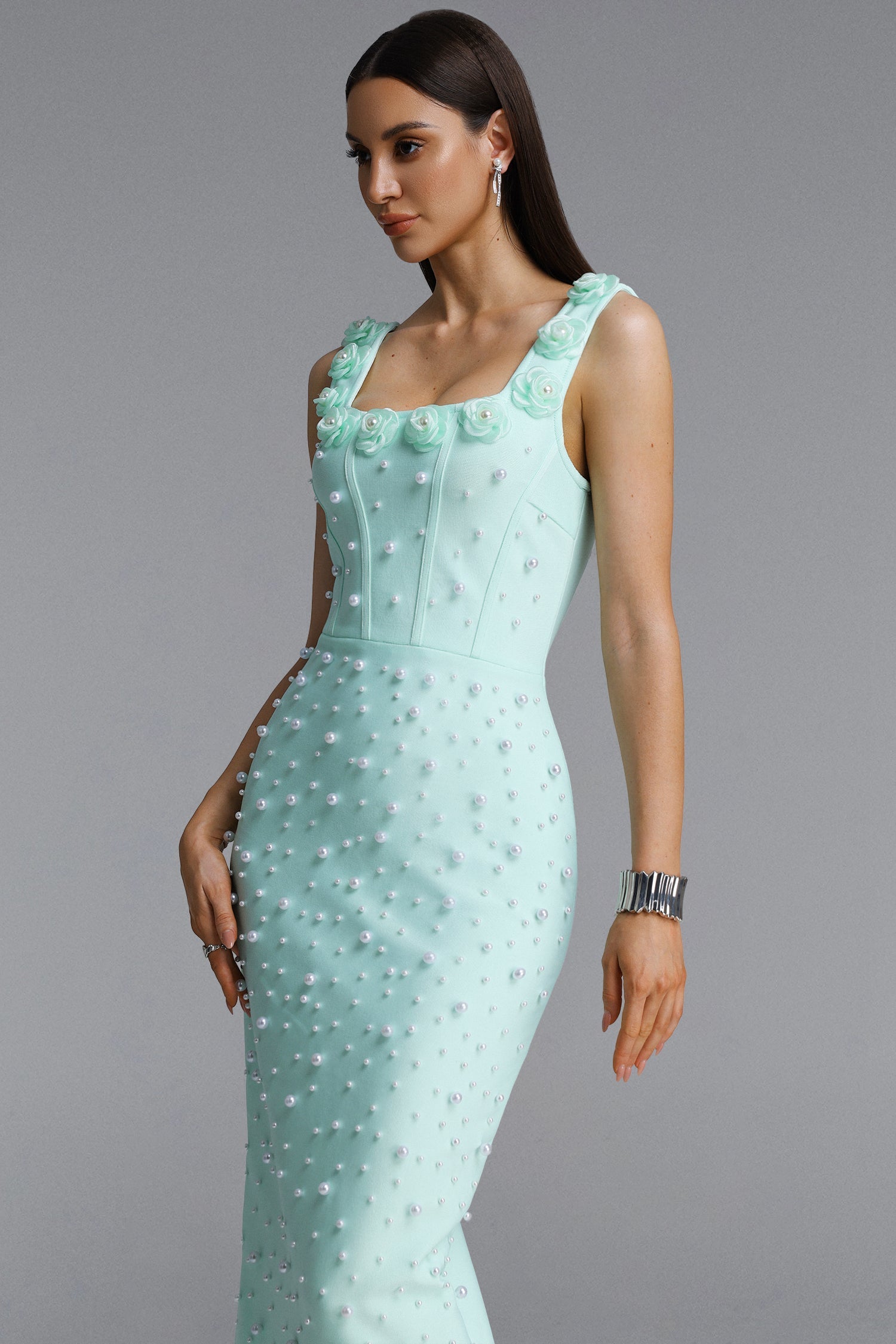 Shea Elegant Contour Square Neck Floral Pearl Bandage Green Maxi Dress D260301431