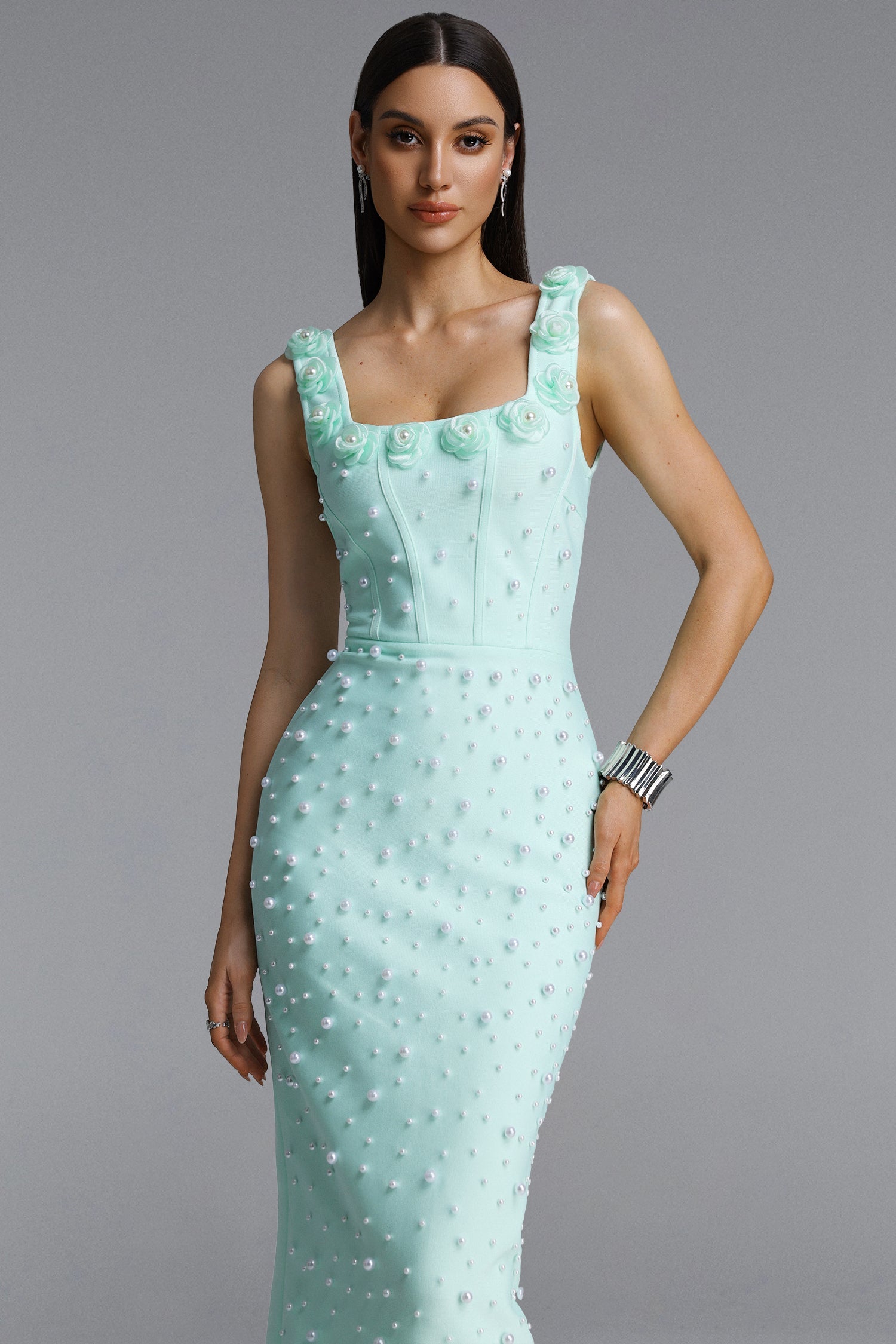 Shea Elegant Contour Square Neck Floral Pearl Bandage Green Maxi Dress D260301431