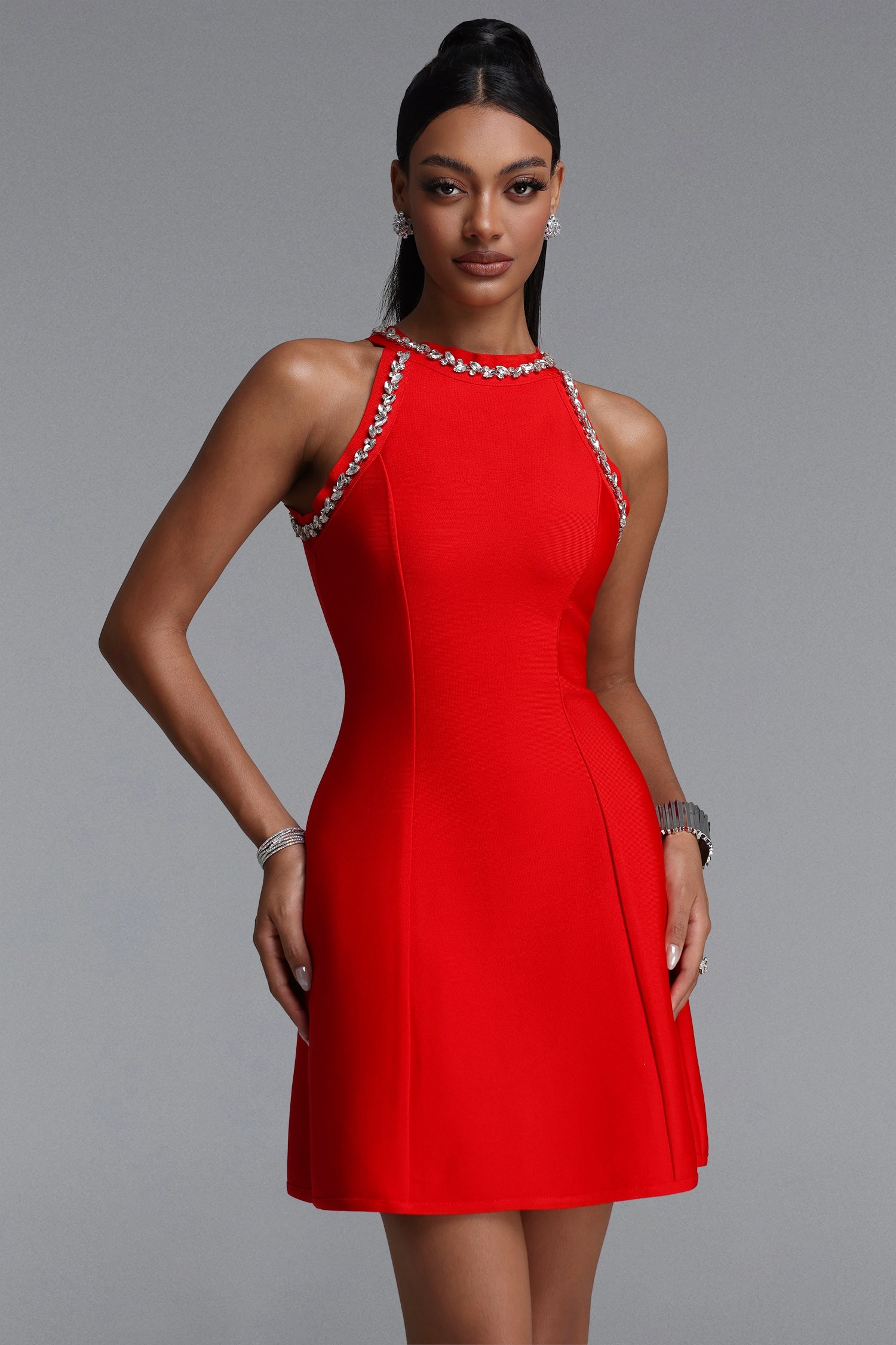 Sophie Minimalist Crew Neck Rhinestone Sleeveless Stretch Bandage Mini Dress D2607014044