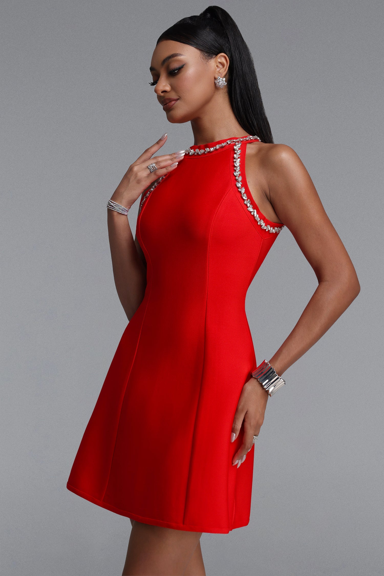 Sophie Minimalist Crew Neck Rhinestone Sleeveless Stretch Bandage Mini Dress D2607014044