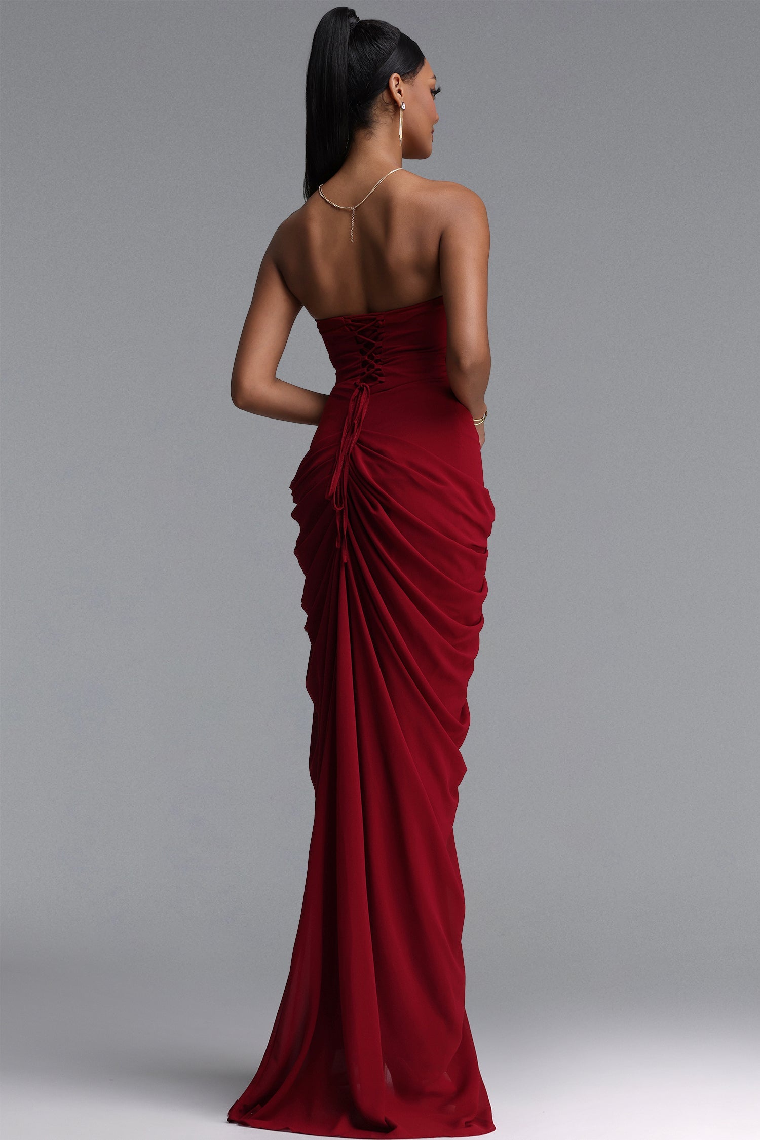 Tazeda Elegant Contour Strapless Ruched Mesh Red Maxi Dress D260501434