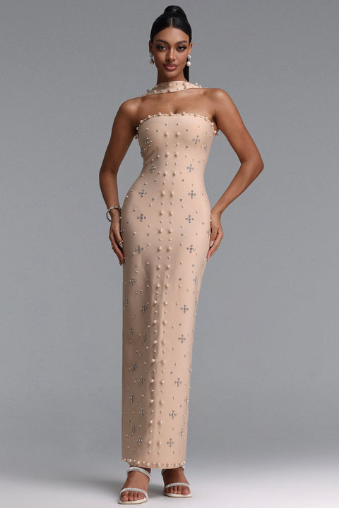 Nesya Sleeveless Pearl Bandage Nude Maxi Dress by Bella Barnett
