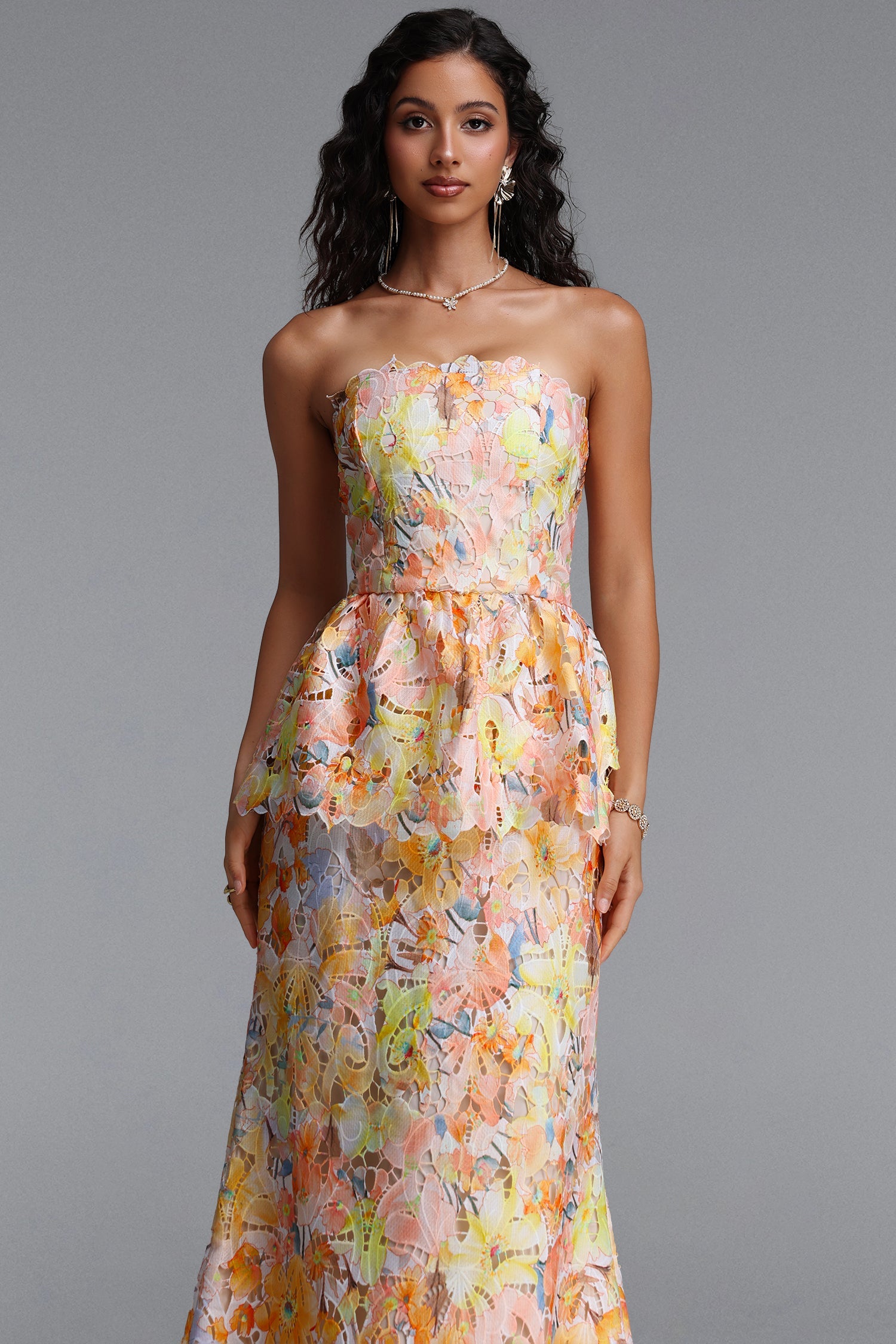 Deirdre Romantic Tailored Strapless Sleeveless Floral Print Lace Maxi Dress C260600260