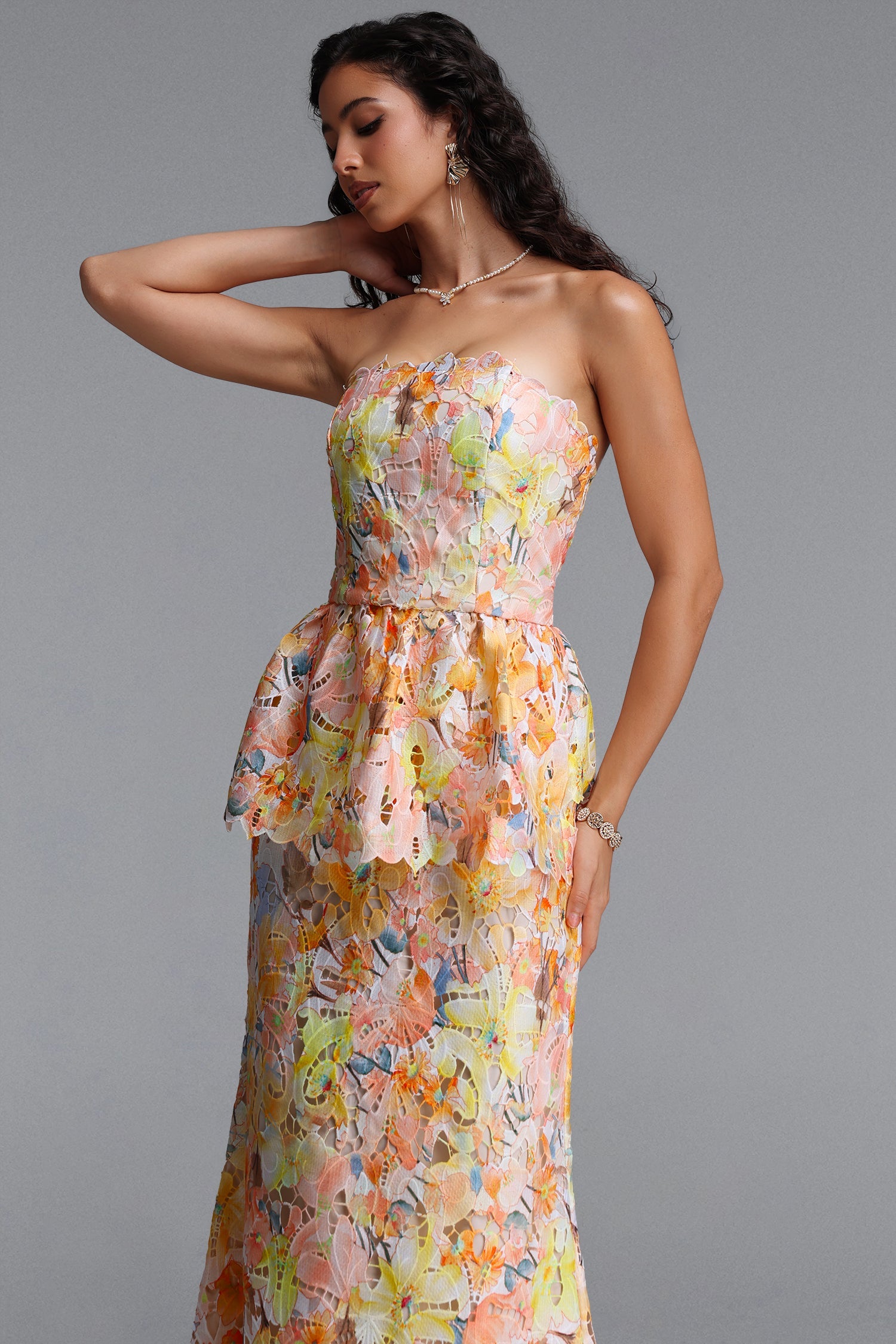Deirdre Romantic Tailored Strapless Sleeveless Floral Print Lace Maxi Dress C260600260