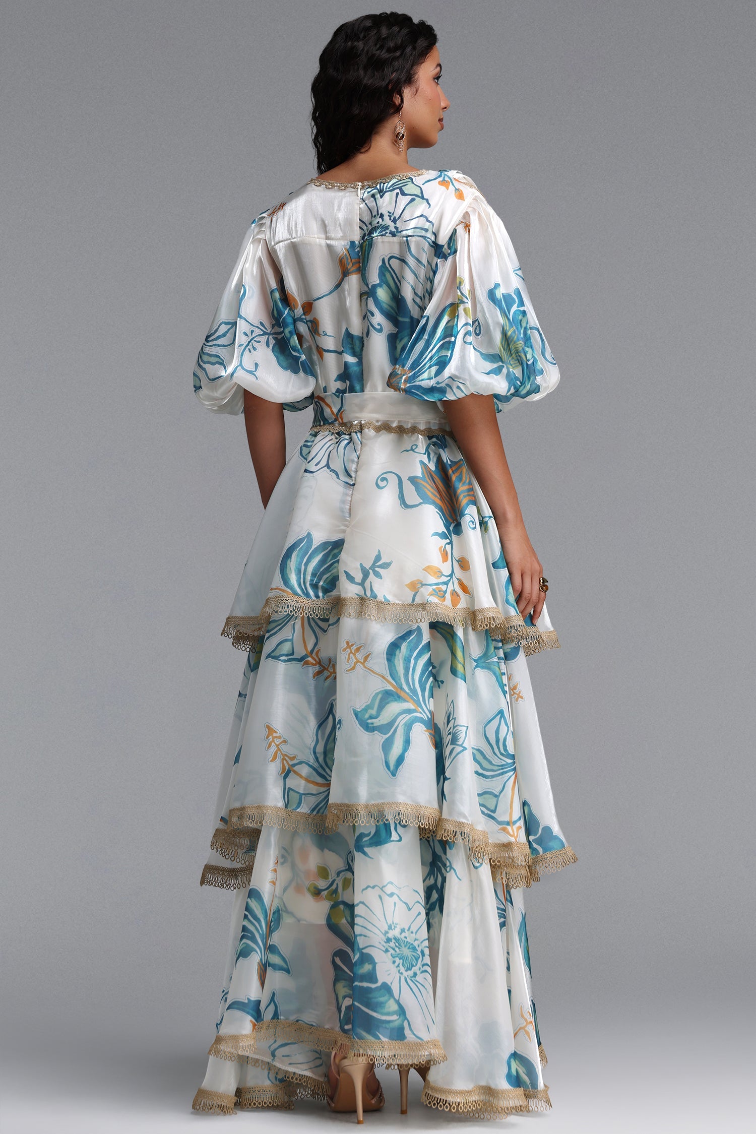 Lisbon Resort Flowy Puff Sleeve Floral Print Organza Maxi Dress C260600222
