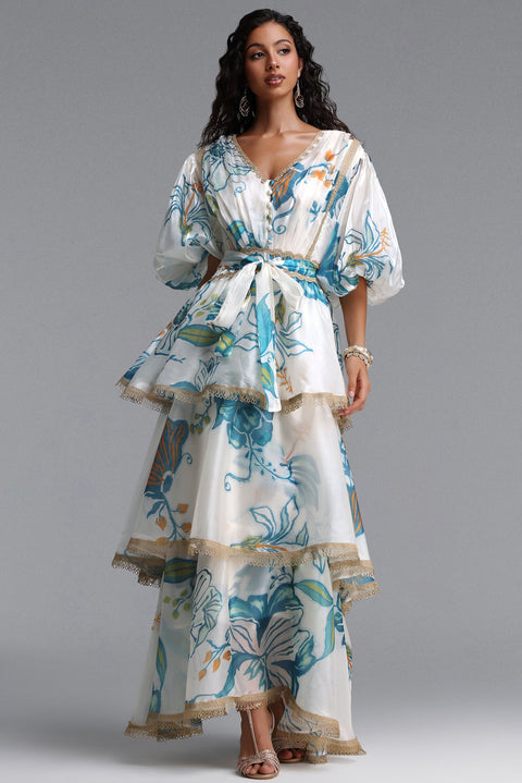 Lisbon Resort Flowy Puff Sleeve Floral Print Organza Maxi Dress by Bella Barnett