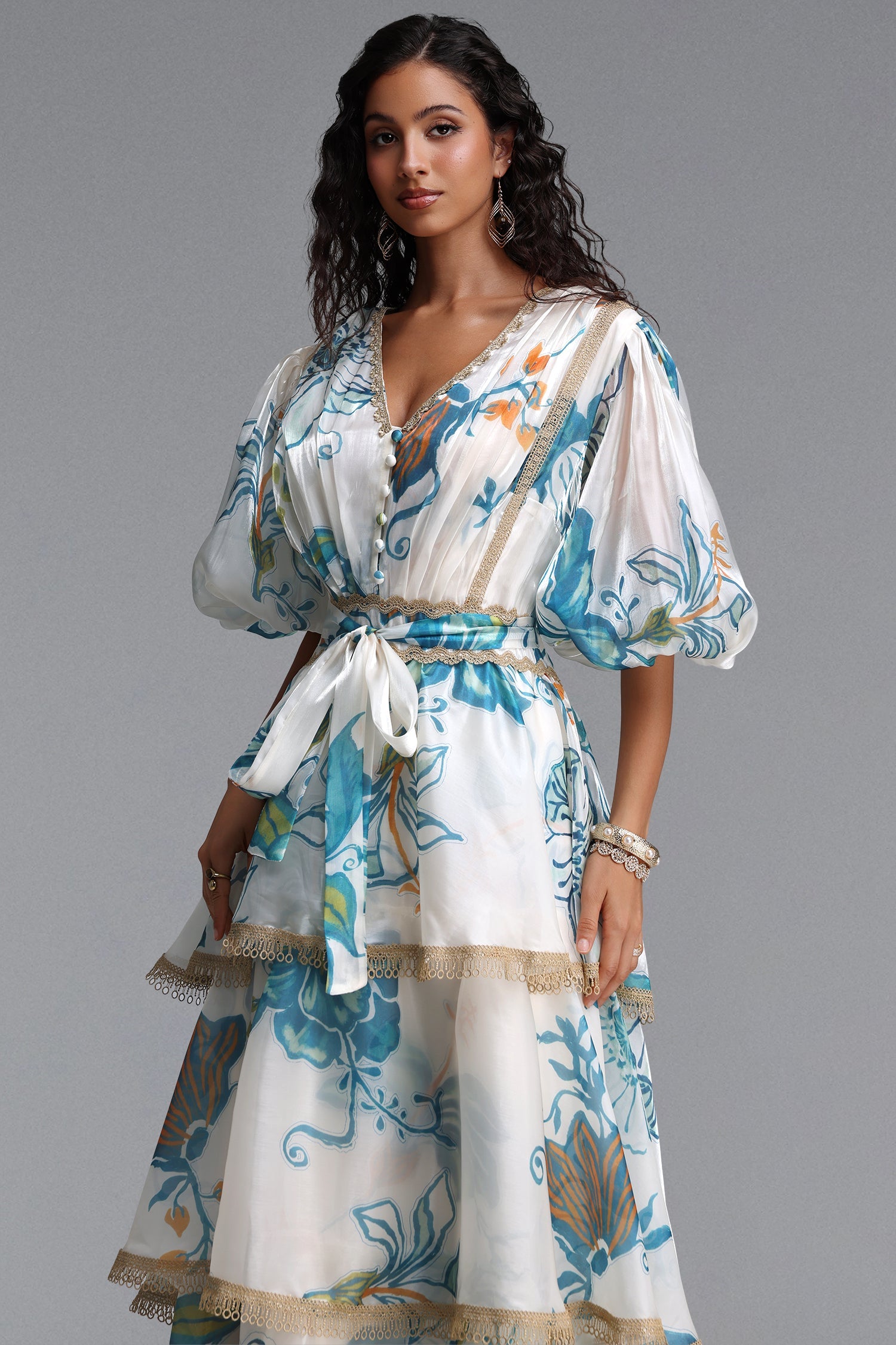 Lisbon Resort Flowy Puff Sleeve Floral Print Organza Maxi Dress C260600222