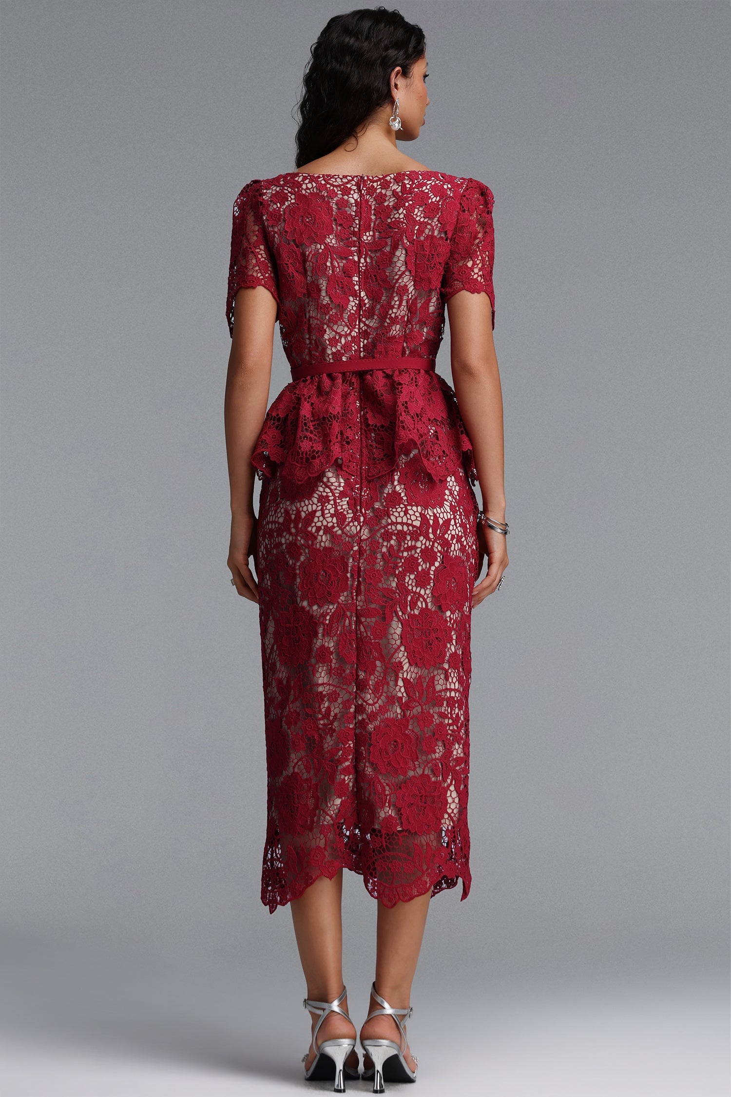 Quinn Elegant Cinched Short Sleeve Floral Lace Red Maxi Dress C260400088