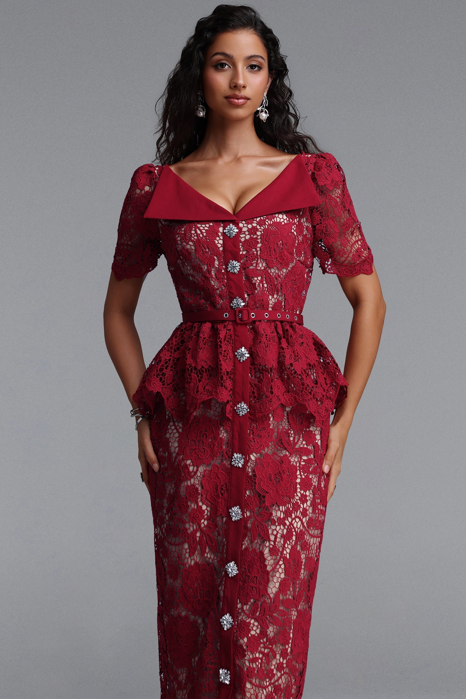 Quinn Elegant Cinched Short Sleeve Floral Lace Red Maxi Dress C260400088