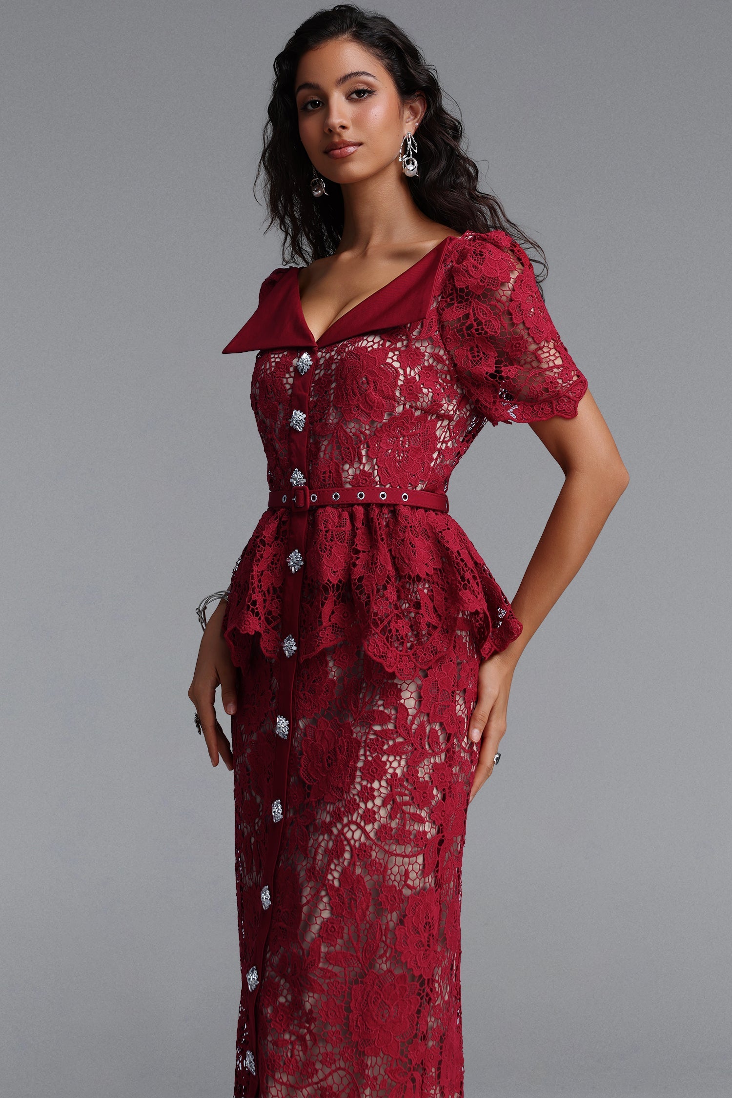 Quinn Elegant Cinched Short Sleeve Floral Lace Red Maxi Dress C260400088