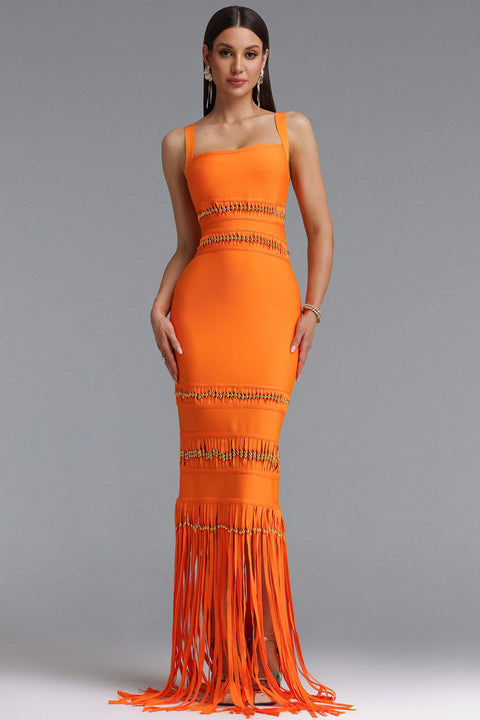Shanley Chic Contour Sleeveless Beaded Fringe Orange Bandage Maxi Dress by Bella Barnett