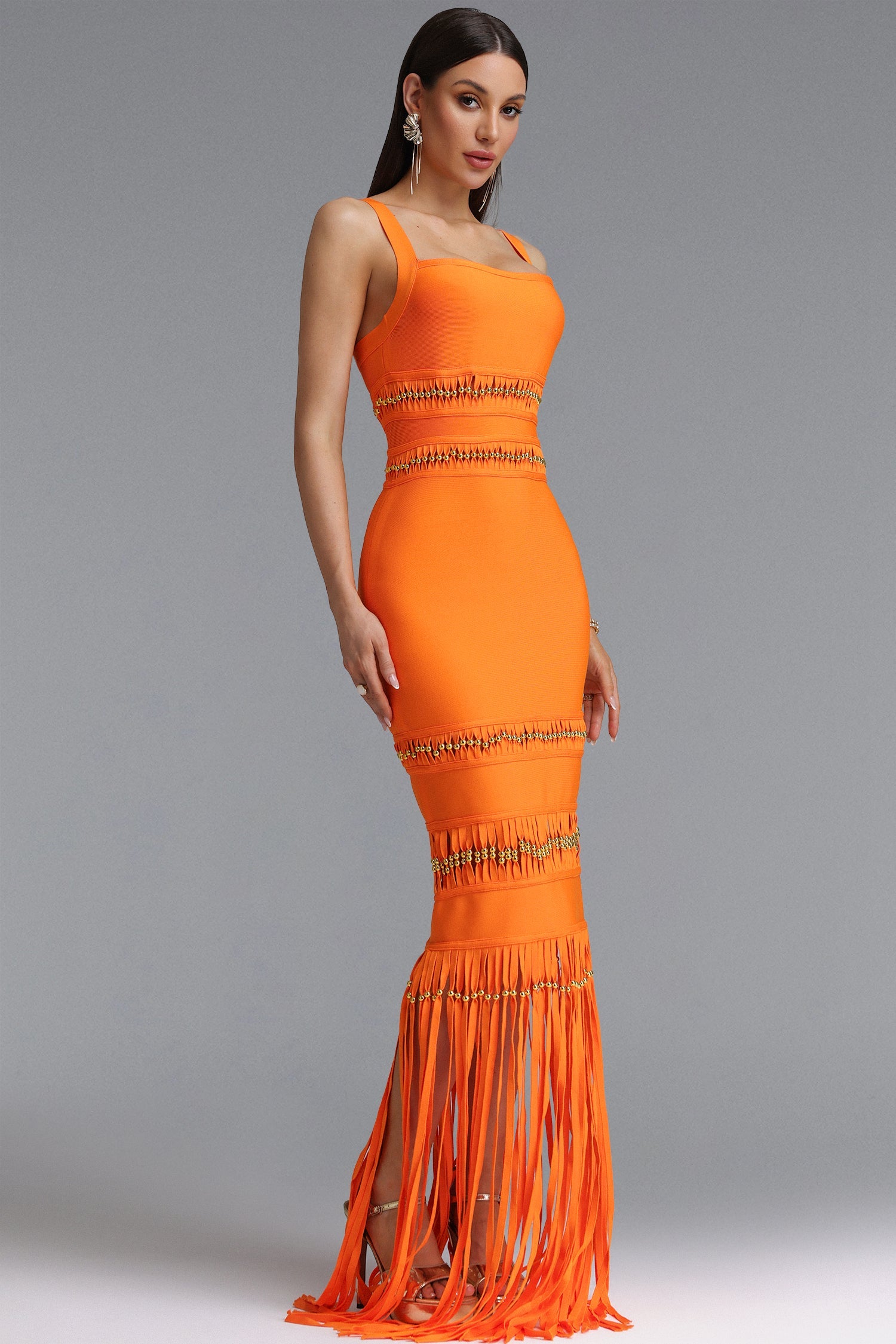 Shanley Chic Contour Sleeveless Beaded Fringe Orange Bandage Maxi Dress D260301217