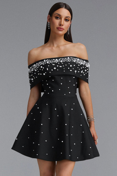 Kawayi Elegant Fitted Off Shoulder Pearl A-line Mini Bandage Dress by Bella Barnett