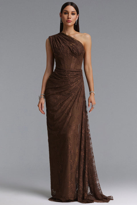 Finch Romantic Contour Sleeveless Ruched Lace Brown Knit Maxi Dress by Bella Barnett