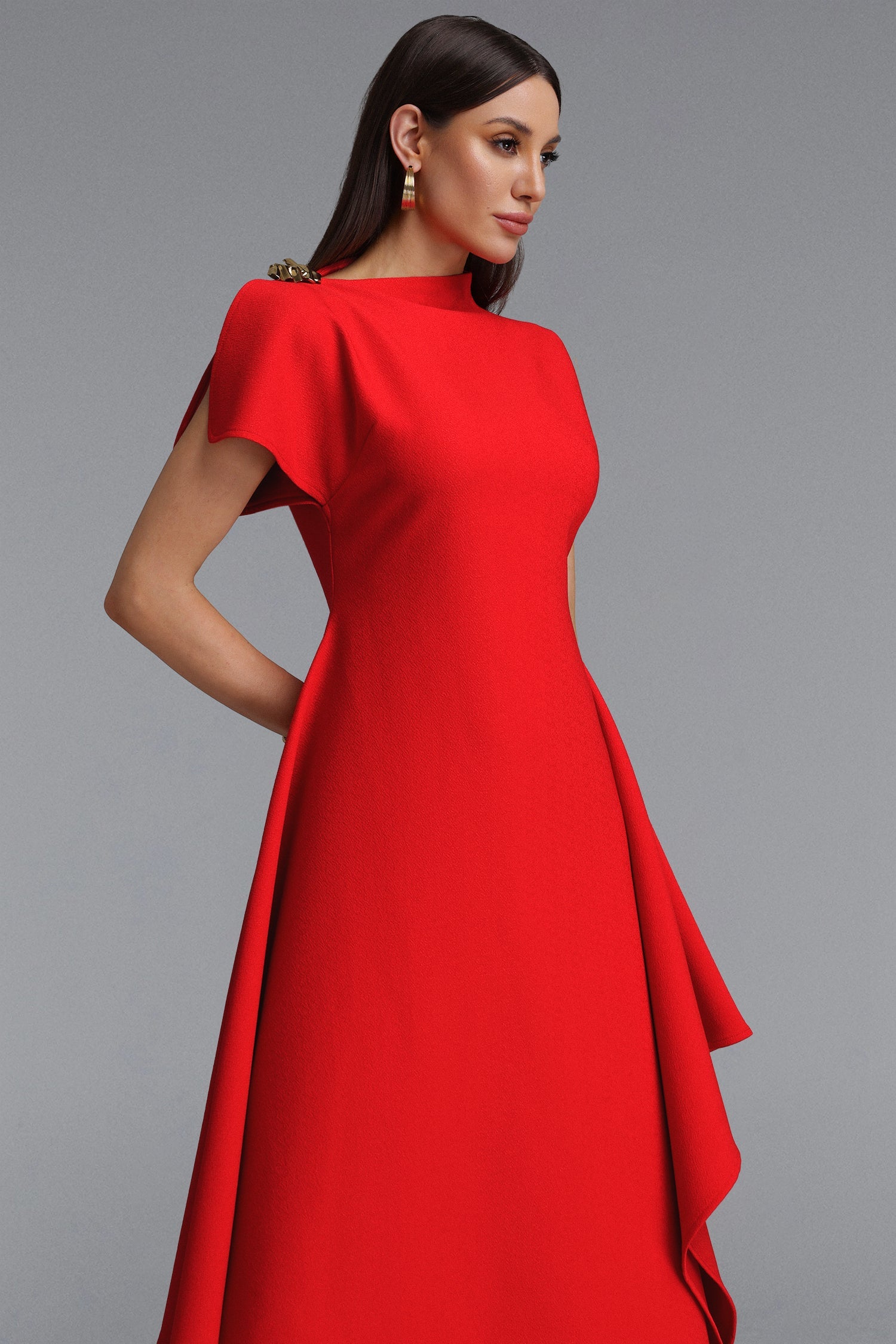 Weren Elegant Contour High Neck Asymmetric Red Maxi Dress D251201536