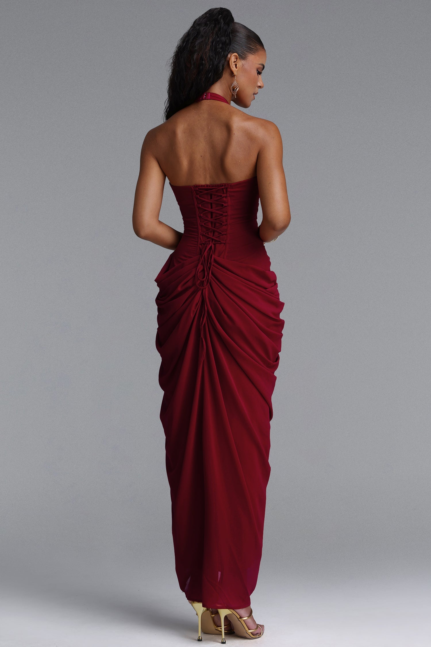Fallon Elegant Halter Deep V Pleated High Slit Knit Maxi Dress D260801305