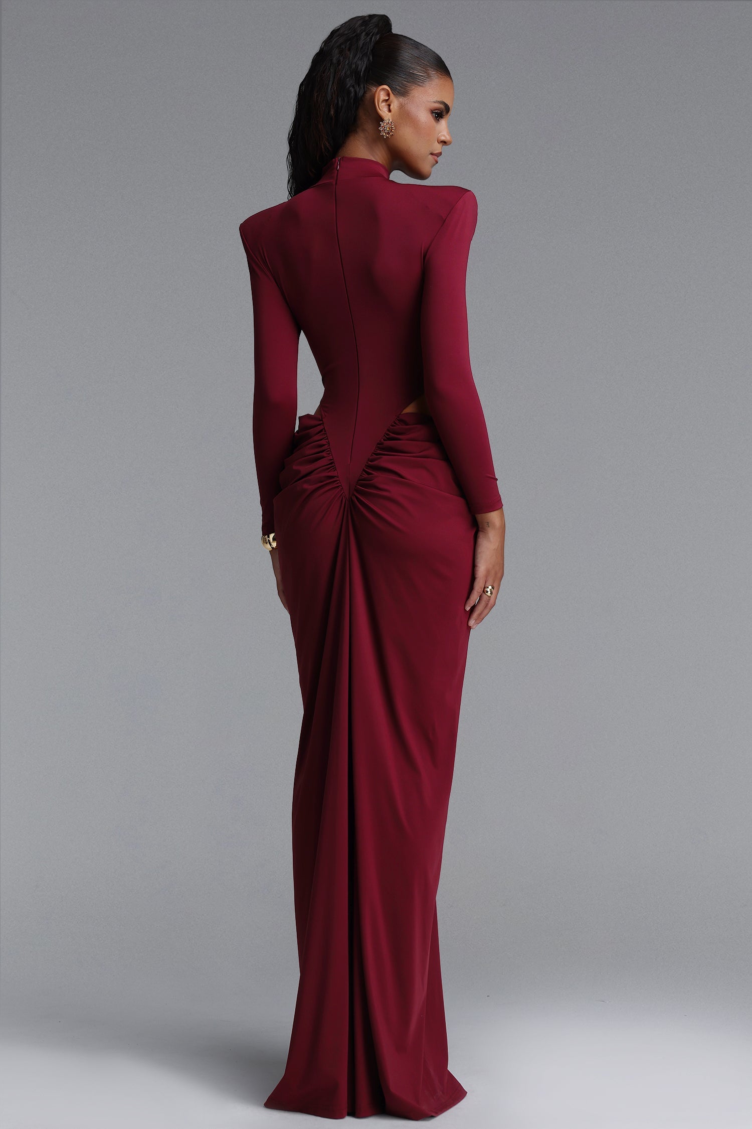 Elliott Luxury High Neck Padded Shoulder Cut Out Ruched Maxi Dress D260801331