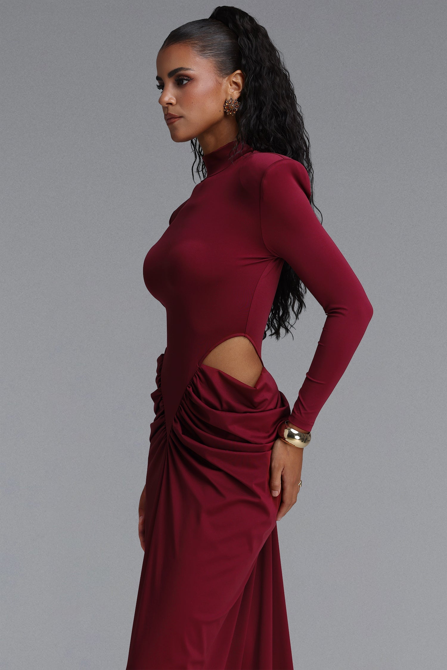 Elliott Luxury High Neck Padded Shoulder Cut Out Ruched Maxi Dress D260801331