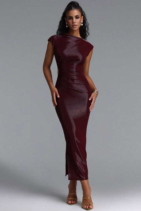 Denali Chic Contour Glitter Pleated Metal Decor Burgundy Maxi Dress by Bella Barnett