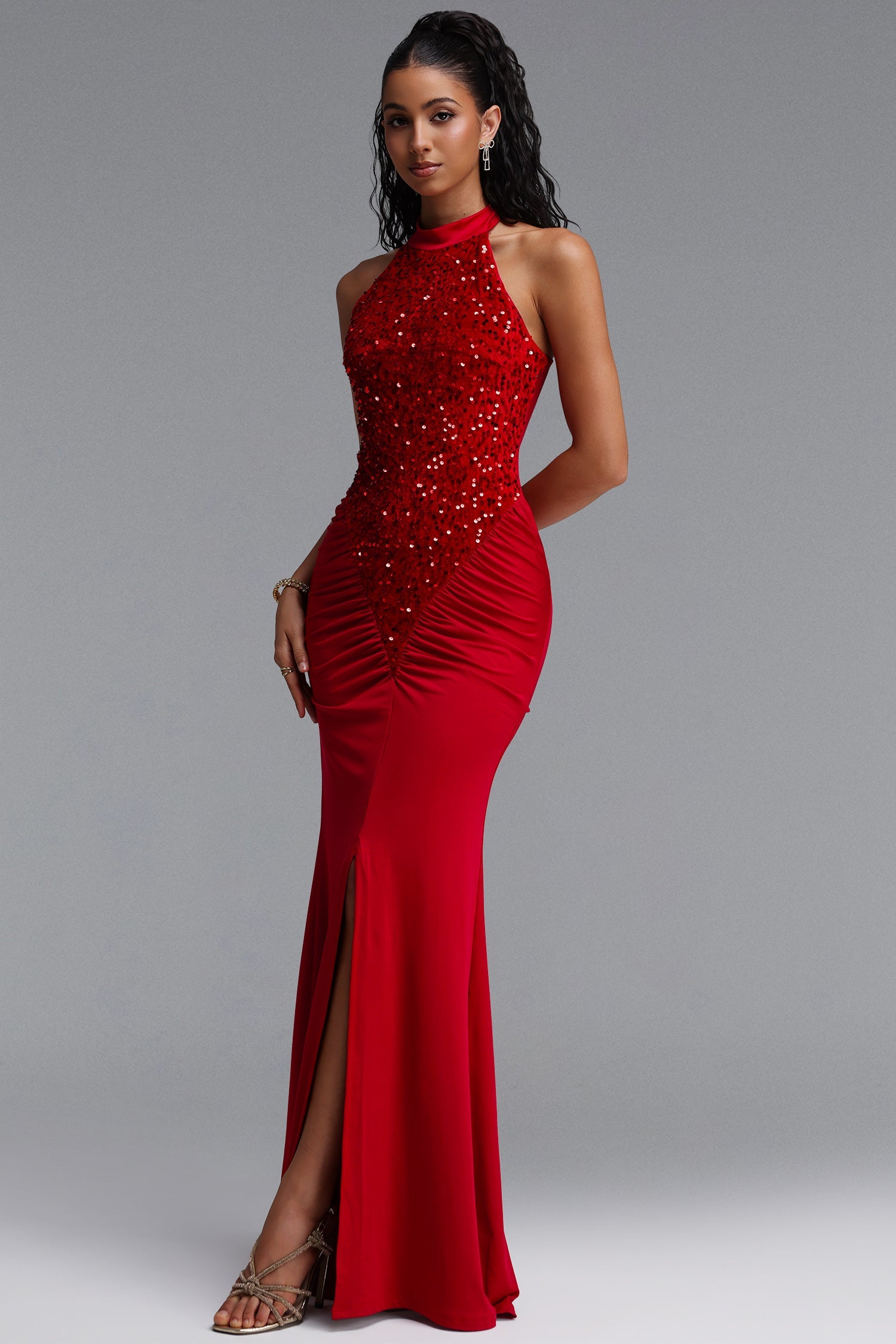 Octavia Elegant Contour Sleeveless Slit Sequin Woven Red Maxi Dress D260801444