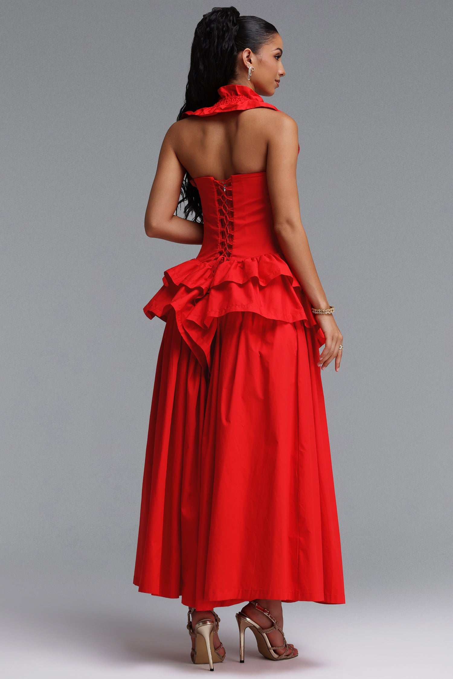 Shea Elegant Cinched Waist Halter Neck Ruffled Maxi Dress D260701404